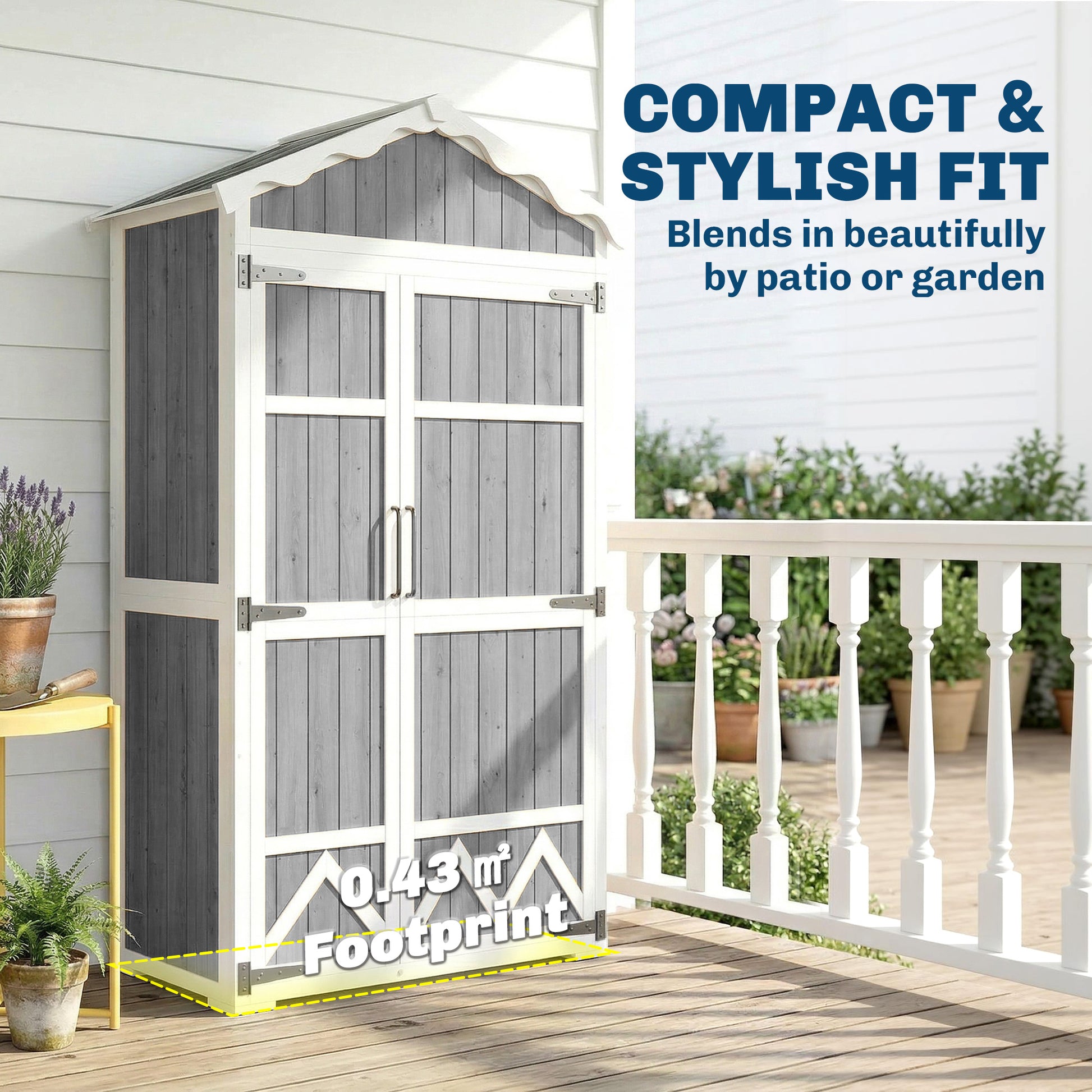 Outsunny Caseta de Jardín de Madera 105x55x179 cm Cobertizo Jardín Exterior Impermeable Armario Exterior Herramientas con Puertas 4 Estantes Extraíbles Techo Metal Galvanizado Pies Ajustables Gris
