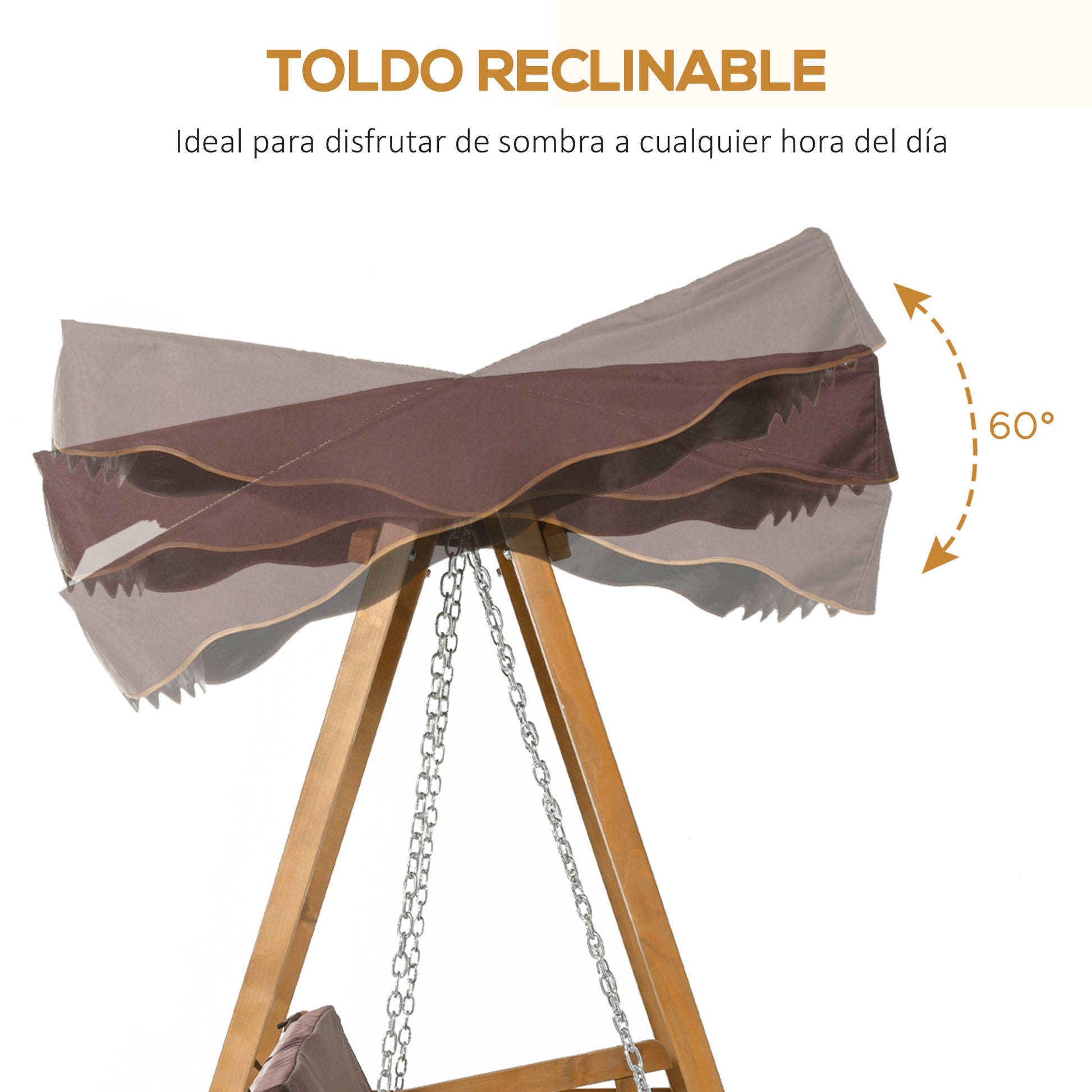 Outsunny Columpio de Jardín de Madera de 3 Plazas con Cojín y Respaldo Acolchados Extraíbles Ángulo del Toldo y Altura del Asiento Ajustable Exteriores 205x130x185 cm Marrón