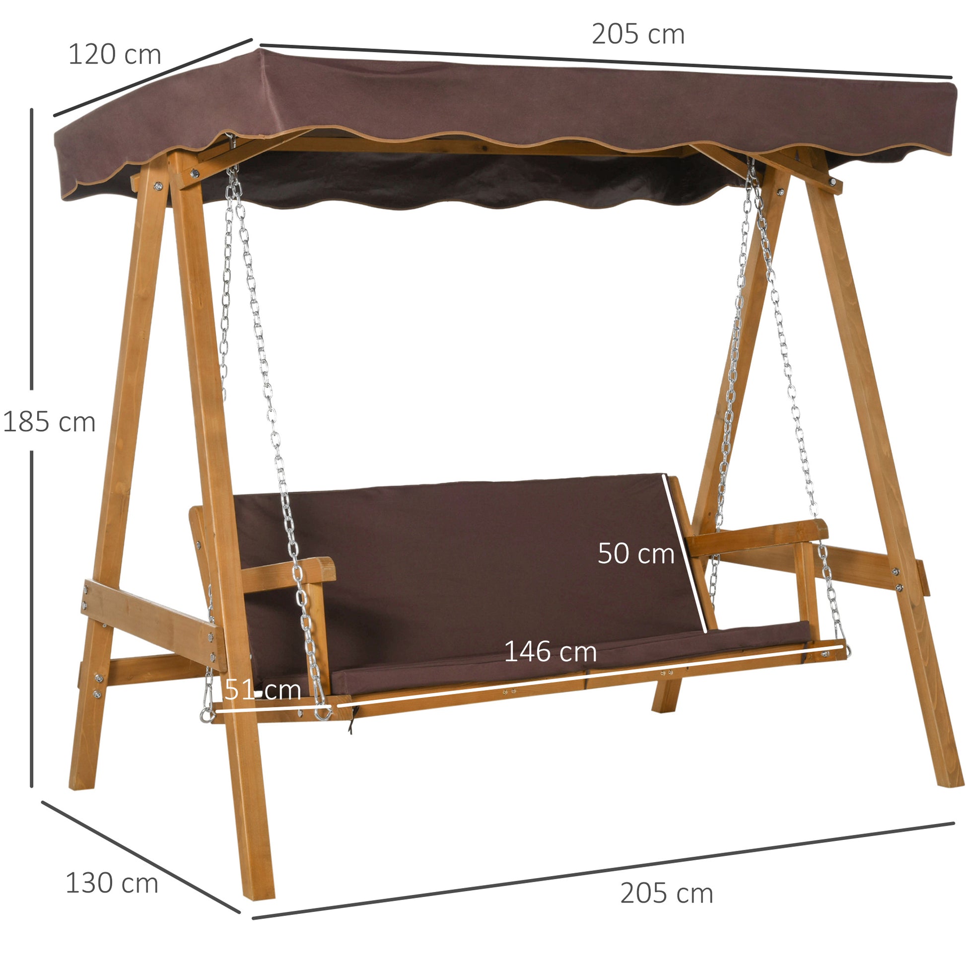 Outsunny Columpio de Jardín de Madera de 3 Plazas con Cojín y Respaldo Acolchados Extraíbles Ángulo del Toldo y Altura del Asiento Ajustable Exteriores 205x130x185 cm Marrón