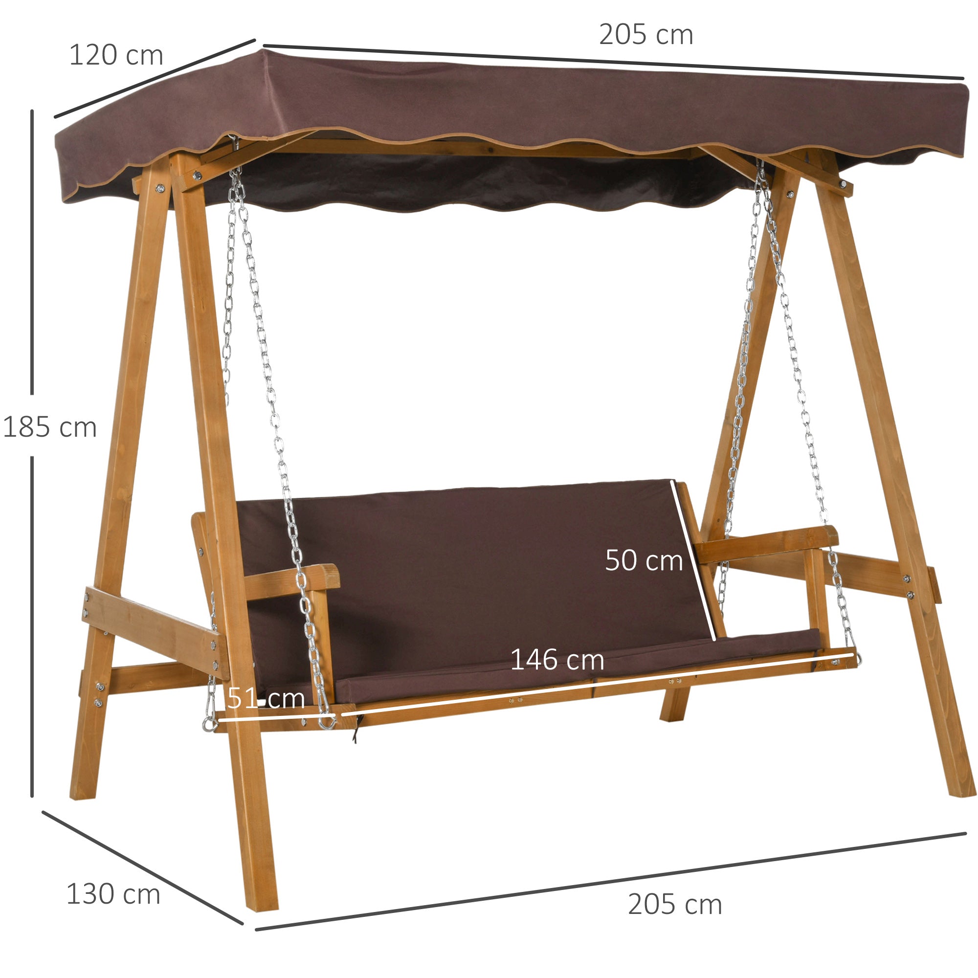 Outsunny Columpio de Jardín de Madera de 3 Plazas con Cojín y Respaldo Acolchados Extraíbles Ángulo del Toldo y Altura del Asiento Ajustable Exteriores 205x130x185 cm Marrón
