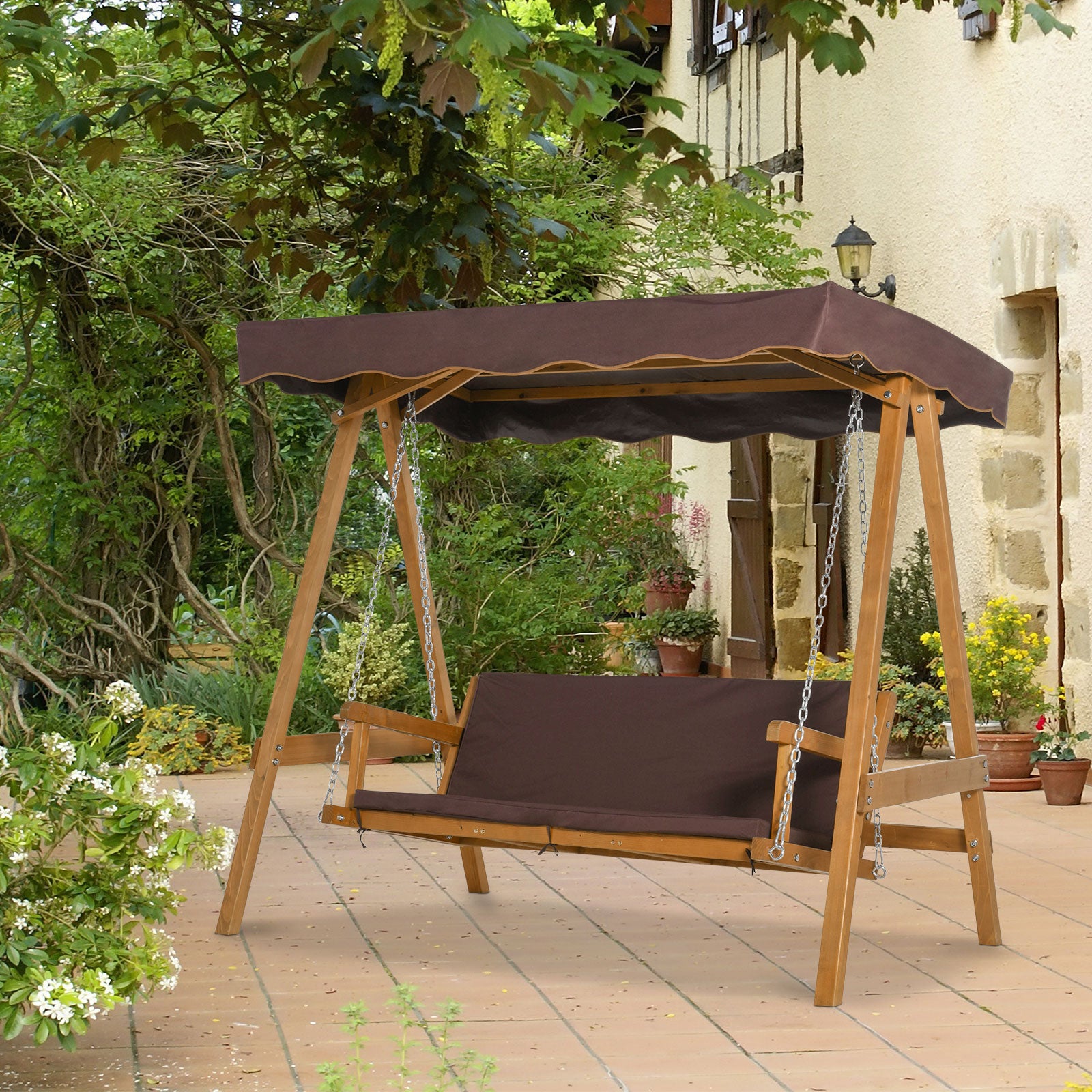 Outsunny Columpio de Jardín de Madera de 3 Plazas con Cojín y Respaldo Acolchados Extraíbles Ángulo del Toldo y Altura del Asiento Ajustable Exteriores 205x130x185 cm Marrón