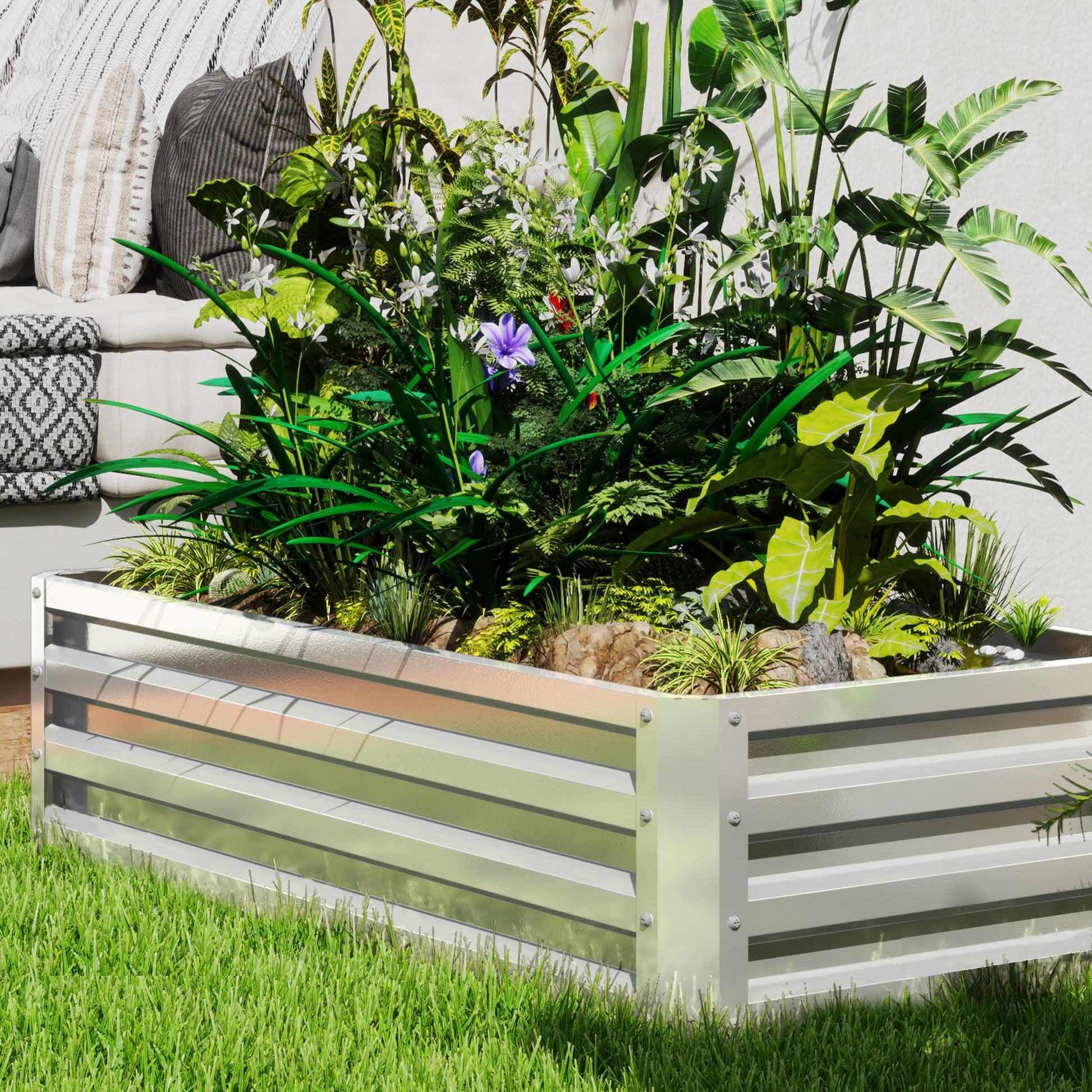 Outsunny Jardinera Exterior Grande de Acero Galvanizado, Huerto Urbano Elevado para Cultivar Plantas, Flores, Hierba, Macetero Exterior Rectangular con Fondo Abierto, 120x60x30,5 cm, Plata