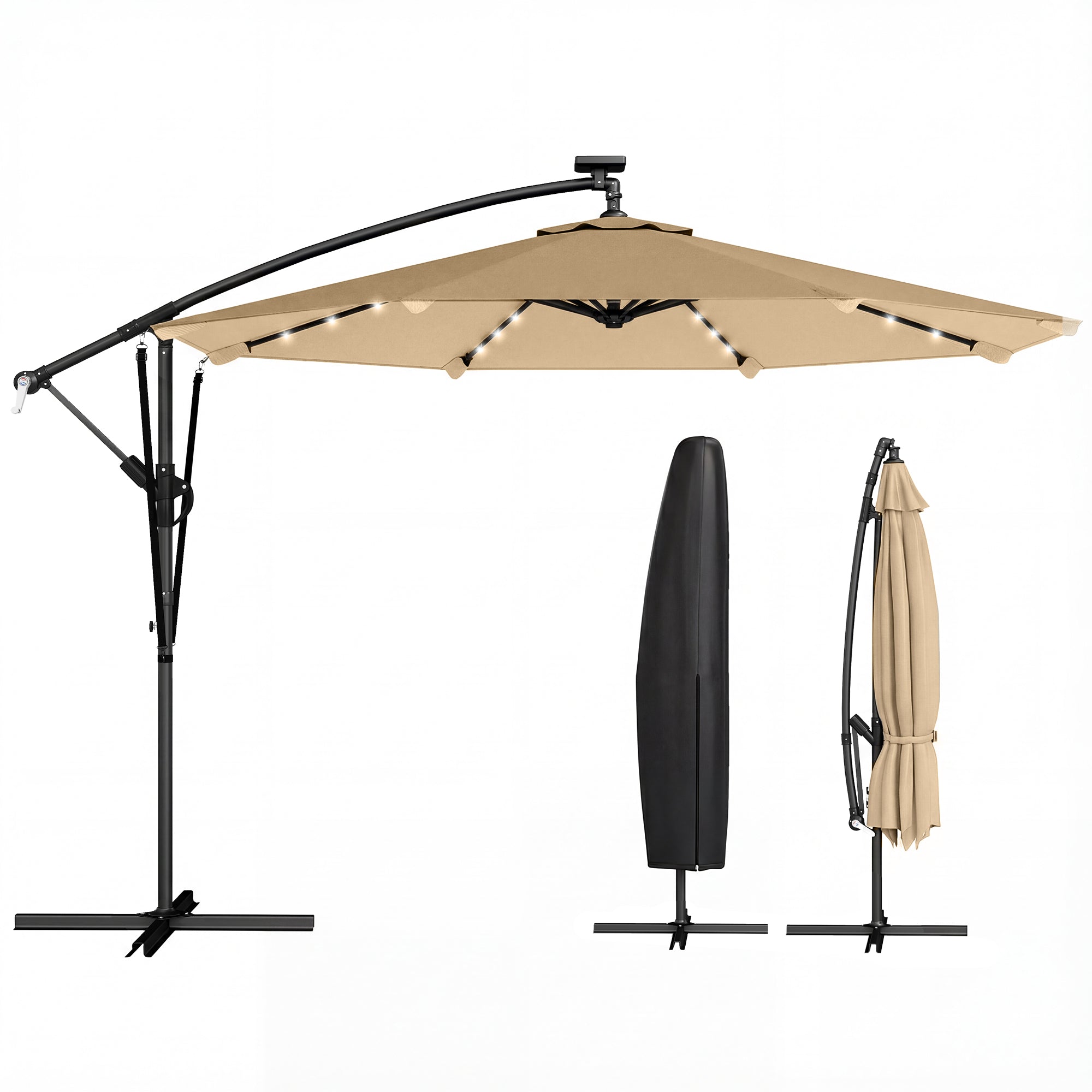 Outsunny Parasol Excéntrico con Luces LED Solares, Ø330 cm, Sombrilla de Jardín con Base Cruzada, Manivela, Funda Protectora y Cuerda de Viento, Anti-UV 50+, para Terraza, Patio, Caqui