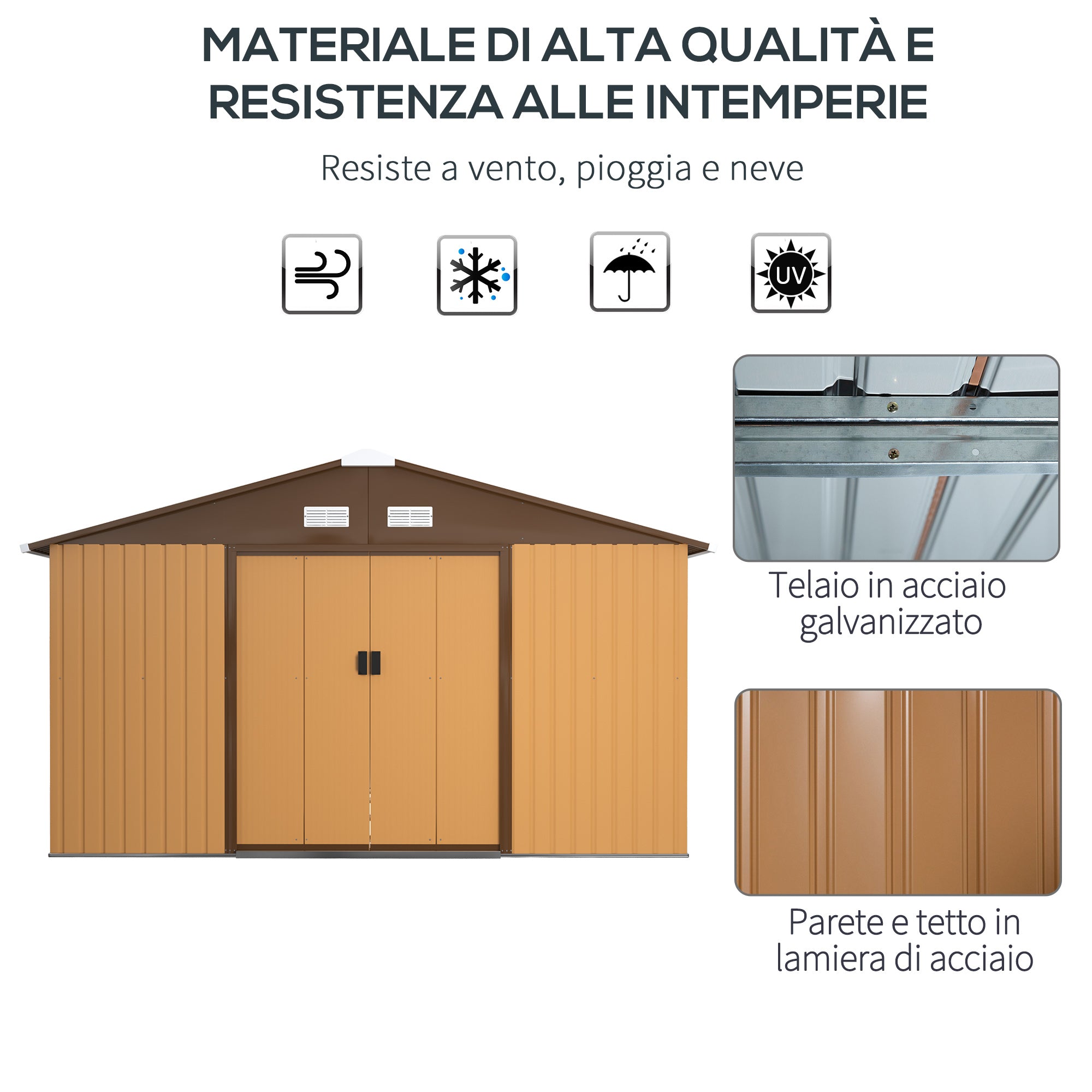 Outsunny Caseta de Jardín Exterior 12,4 m² 340x386x200 cm Cobertizo de Jardín Exterior con Puerta Corredera Techo Inclinado Base Refuerzo (Suelo NO Incluido) y 4 Ventanas Ocre Oscuro