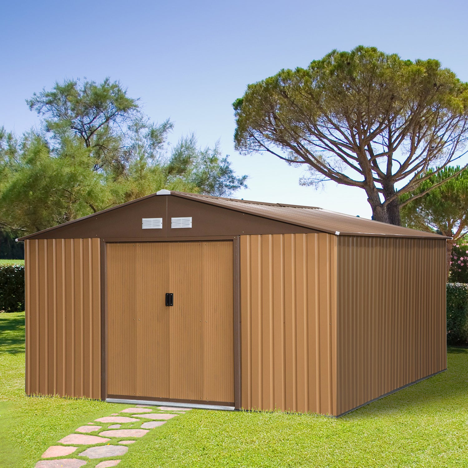 Outsunny Caseta de Jardín Exterior 12,4 m² 340x386x200 cm Cobertizo de Jardín Exterior con Puerta Corredera Techo Inclinado Base Refuerzo (Suelo NO Incluido) y 4 Ventanas Ocre Oscuro