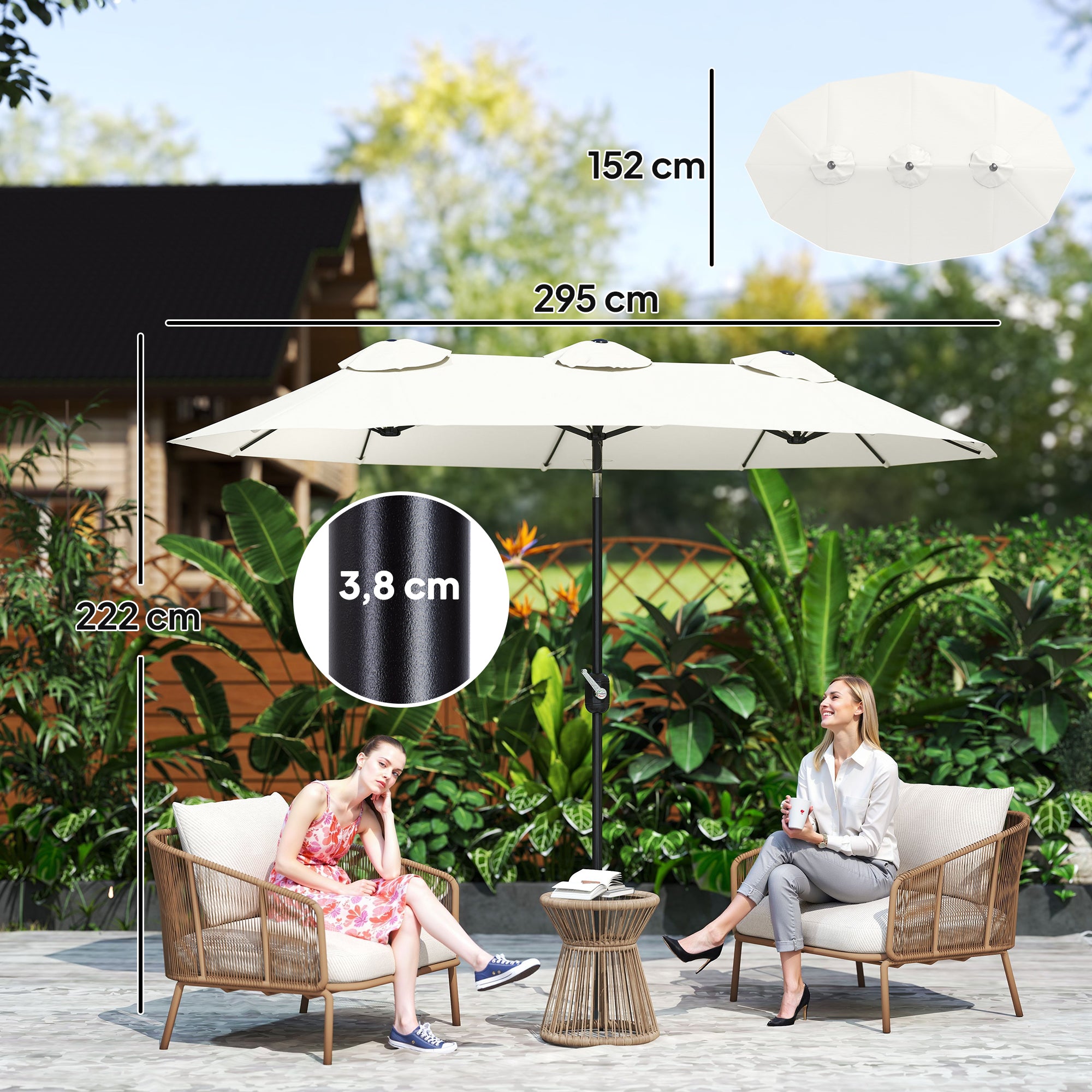 Outsunny Sombrilla Doble 2,95x1,52 m, Sombrilla Terraza Exterior con Inclinación 45°, Manivela Manual, Orificios de Ventilación, Impermeable, Parasol para Jardín, Terraza, Patio y Piscina, Crema