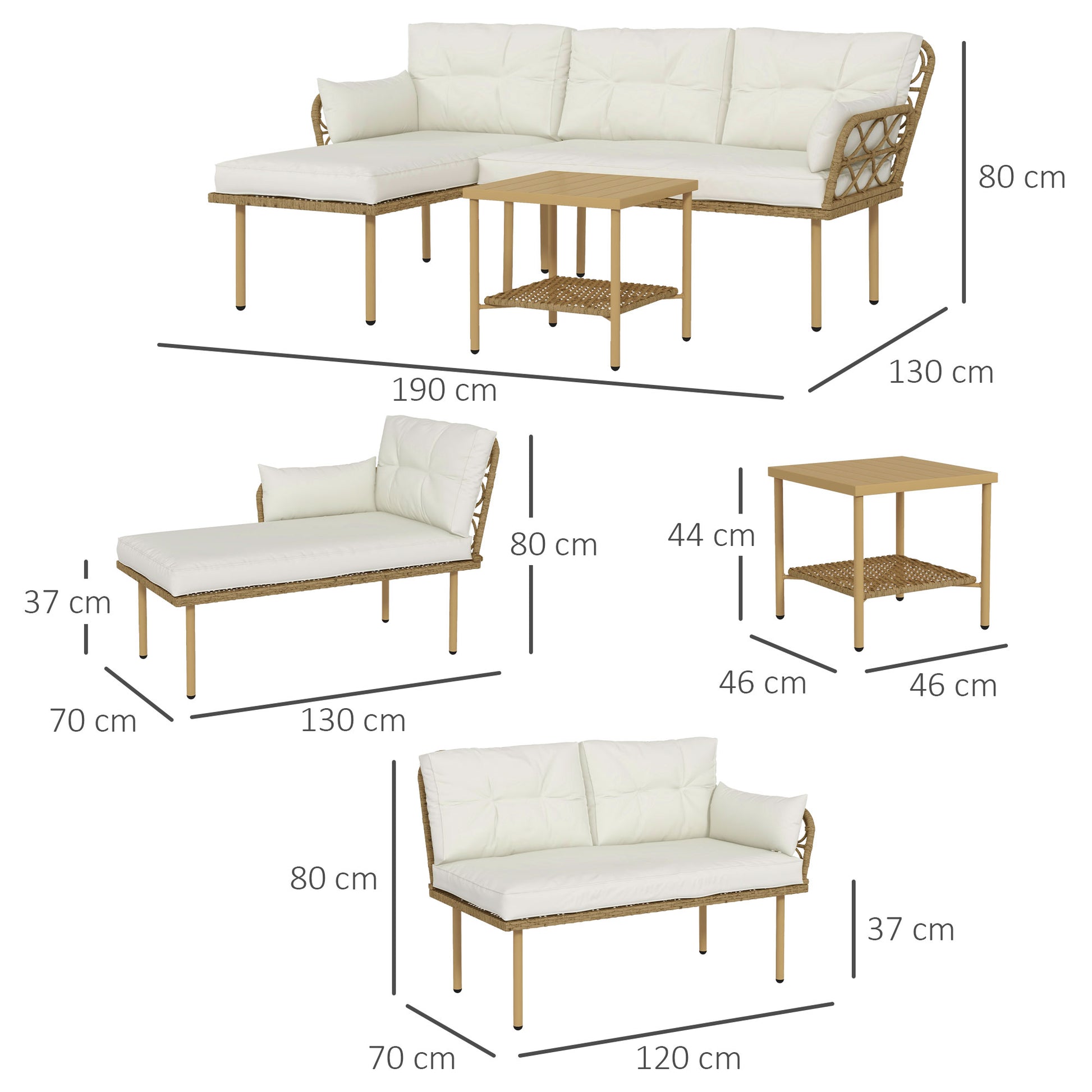 Outsunny Conjunto de Jardín de Ratán Sintético Juego de 3 Piezas Muebles de Jardín con 1 Sofá de 2 Plazas 1 Sofá Esquinera 1 Mesa de Centro Metálica y Cojines Anti-UV para Patio Natural y Crema