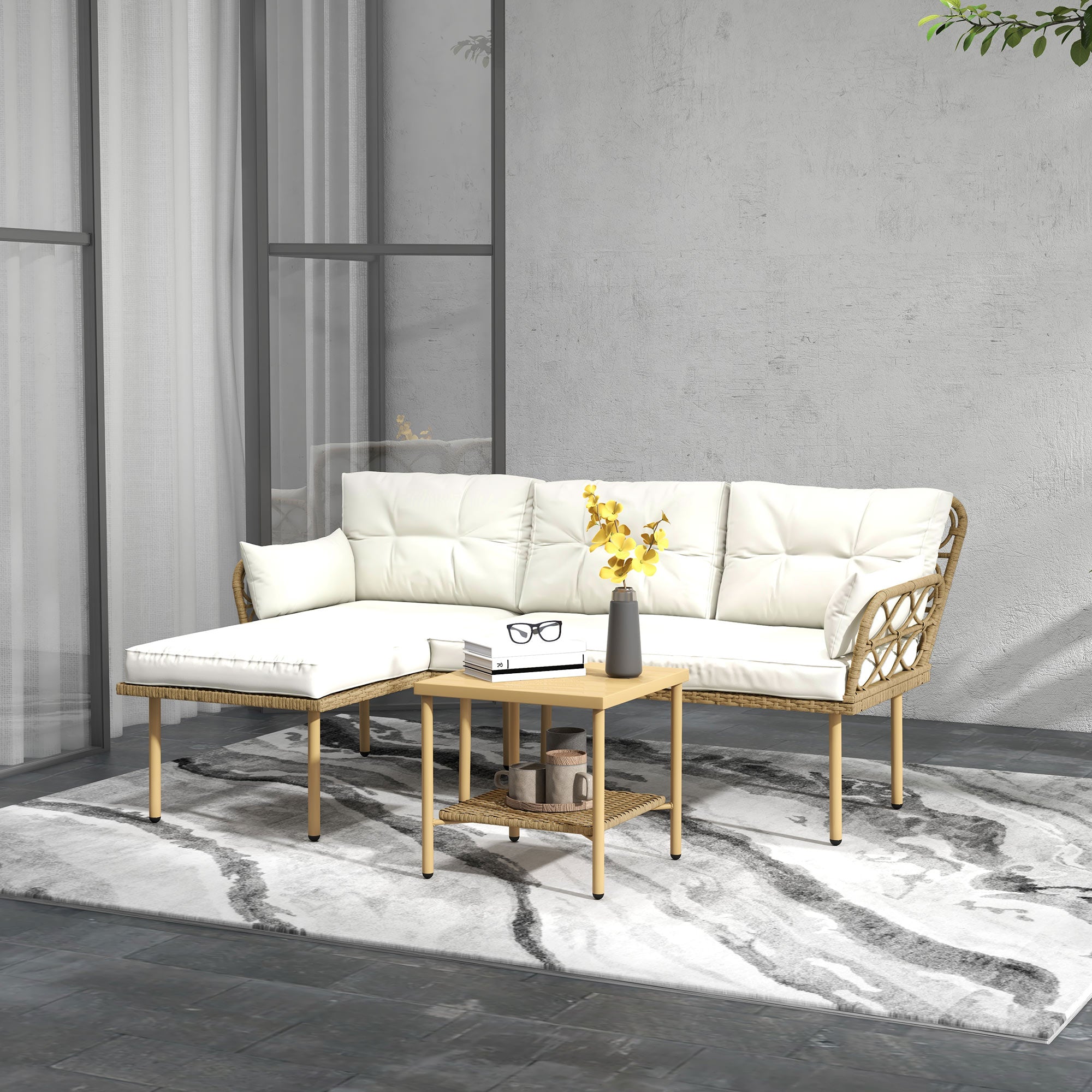 Outsunny Conjunto de Jardín de Ratán Sintético Juego de 3 Piezas Muebles de Jardín con 1 Sofá de 2 Plazas 1 Sofá Esquinera 1 Mesa de Centro Metálica y Cojines Anti-UV para Patio Natural y Crema