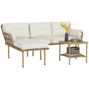 Outsunny Conjunto de Jardín de Ratán Sintético Juego de 3 Piezas Muebles de Jardín con 1 Sofá de 2 Plazas 1 Sofá Esquinera 1 Mesa de Centro Metálica y Cojines Anti-UV para Patio Natural y Crema