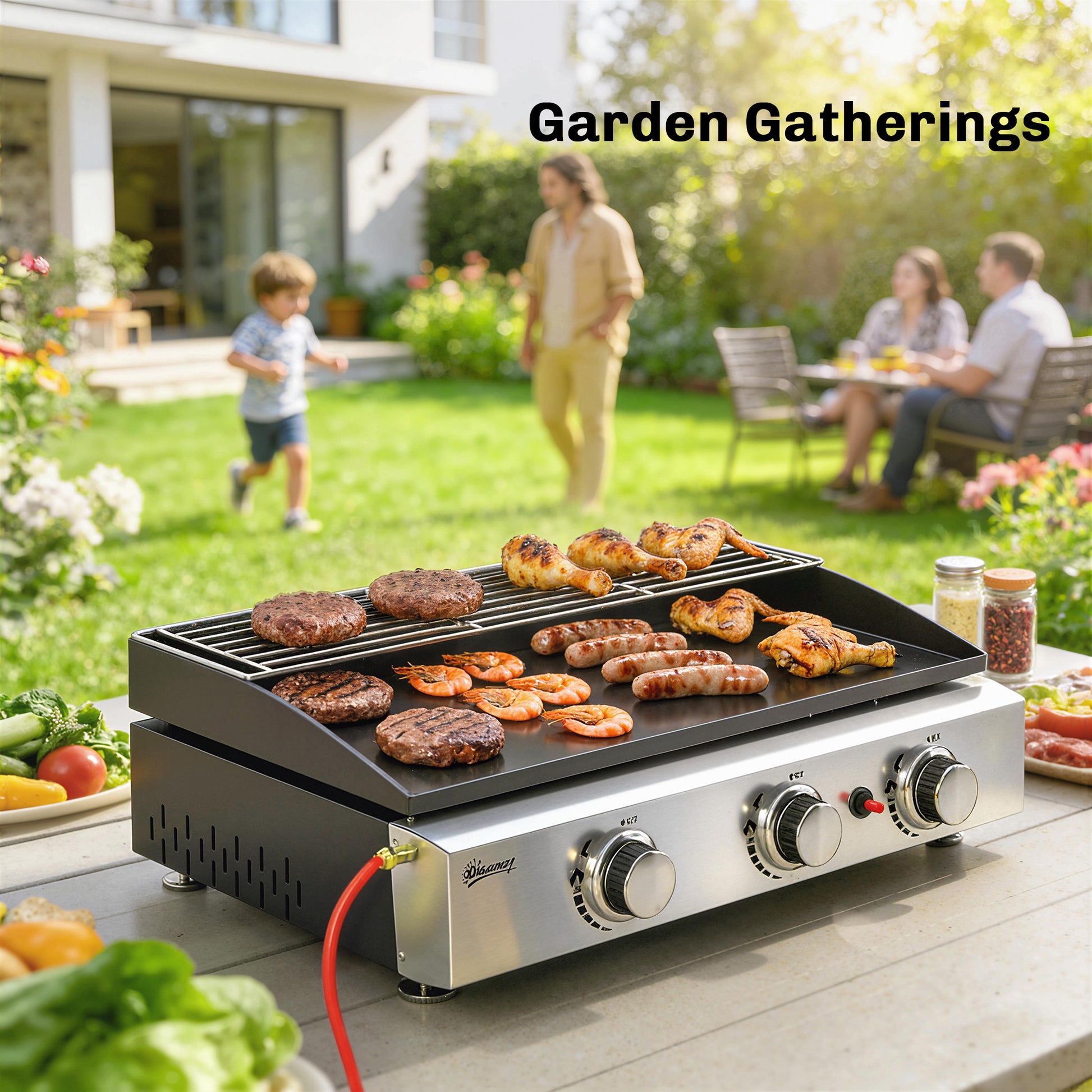 Outsunny Barbacoa de Gas BBQ Gas con 3 Quemadores 7,5 kW, Barbacoa Portátil con Plancha, Rejilla Calentadora y Recogedor Grasa, para Camping, Picnic, Terraza, Negro
