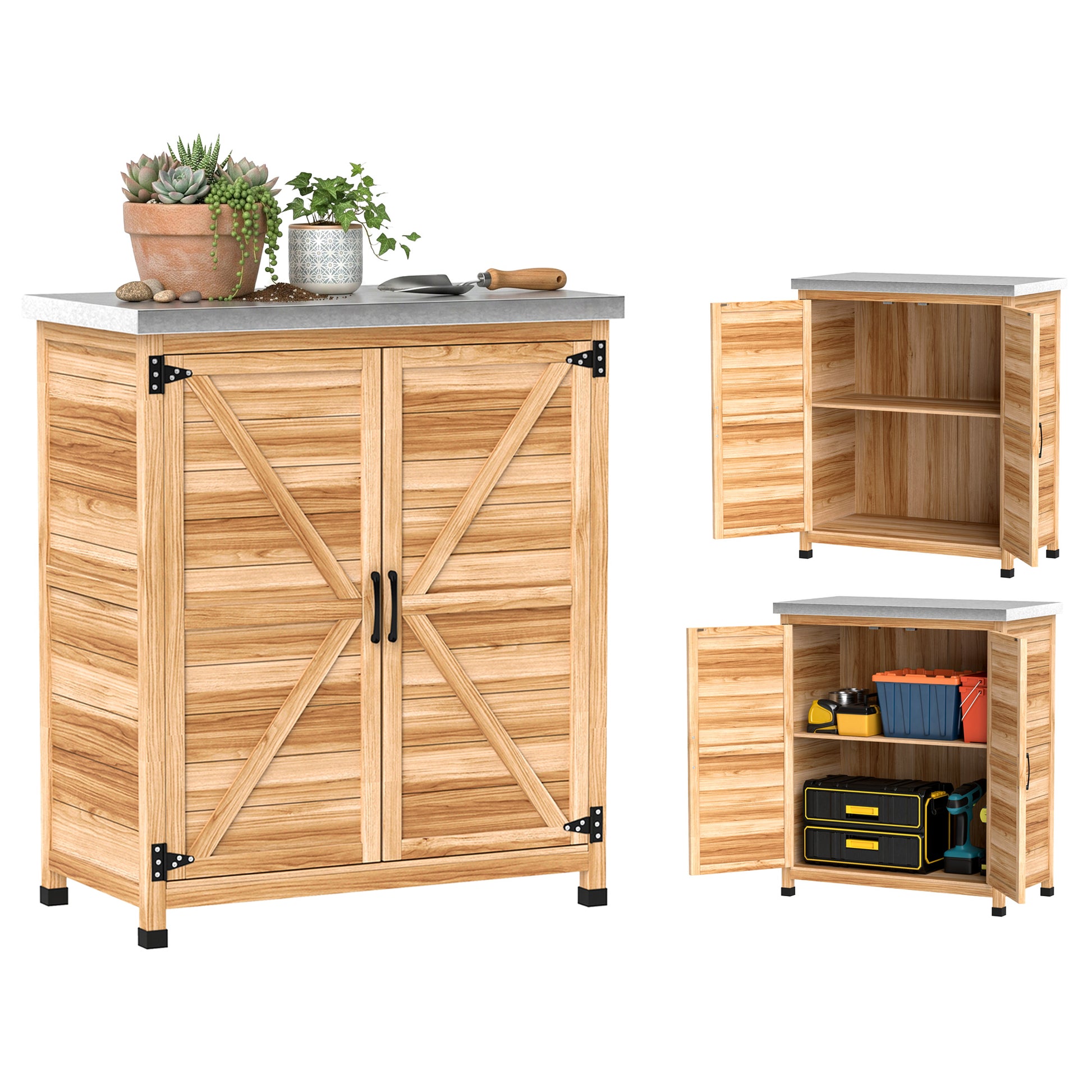 Outsunny Armario de Exterior de Madera, Caseta de Jardín Exterior con Techo de Acero Galvanizado, Estante, 2 Puertas, Cobertizo de Jardín para Almacenamiento de Herramientas, 79x43x92 cm, Natural