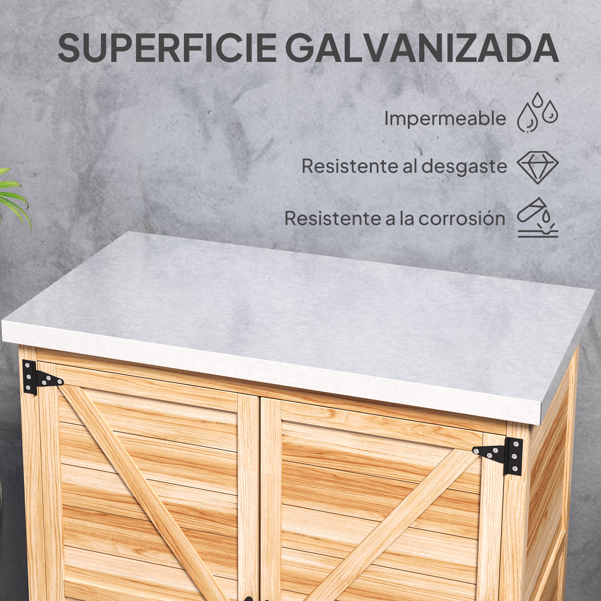 Outsunny Armario de Exterior de Madera, Caseta de Jardín Exterior con Techo de Acero Galvanizado, Estante, 2 Puertas, Cobertizo de Jardín para Almacenamiento de Herramientas, 79x43x92 cm, Natural