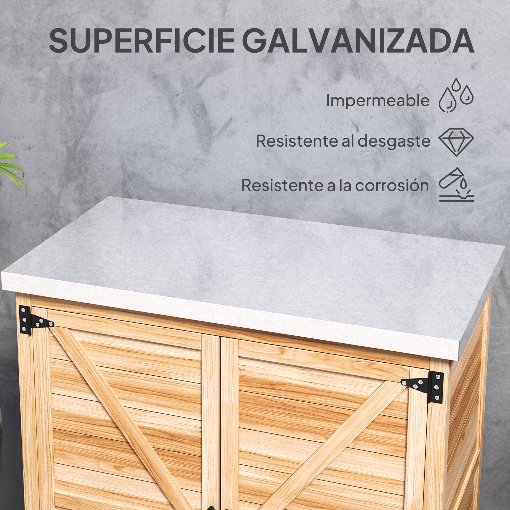 Outsunny Armario de Exterior de Madera, Caseta de Jardín Exterior con Techo de Acero Galvanizado, Estante, 2 Puertas, Cobertizo de Jardín para Almacenamiento de Herramientas, 79x43x92 cm, Natural