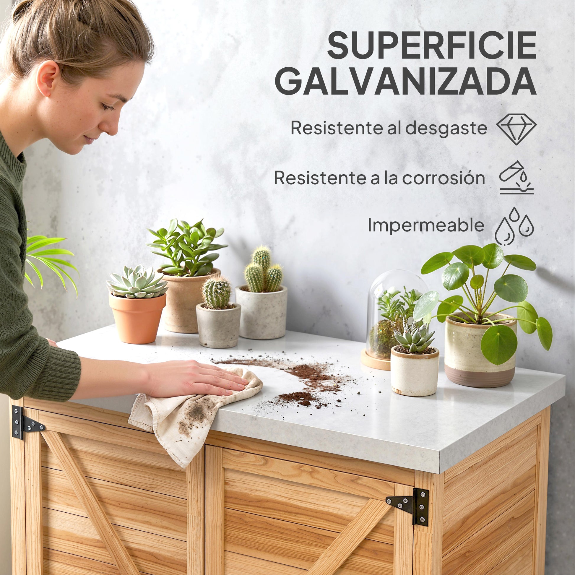 Outsunny Armario de Exterior de Madera, Caseta de Jardín Exterior con Techo de Acero Galvanizado, Estante, 2 Puertas, Cobertizo de Jardín para Almacenamiento de Herramientas, 79x43x92 cm, Natural