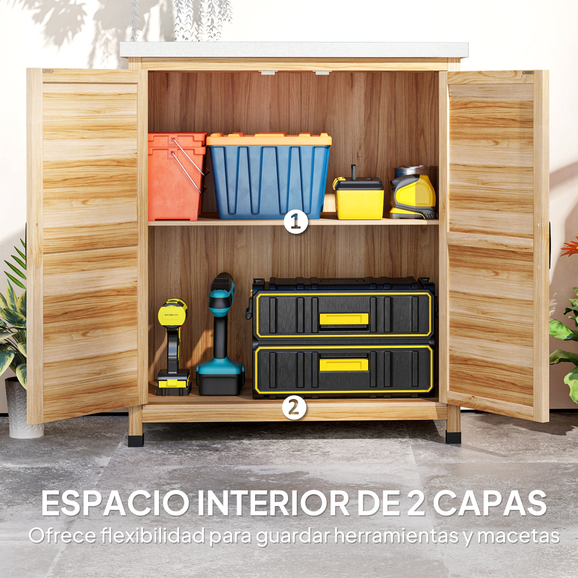 Outsunny Armario de Exterior de Madera, Caseta de Jardín Exterior con Techo de Acero Galvanizado, Estante, 2 Puertas, Cobertizo de Jardín para Almacenamiento de Herramientas, 79x43x92 cm, Natural