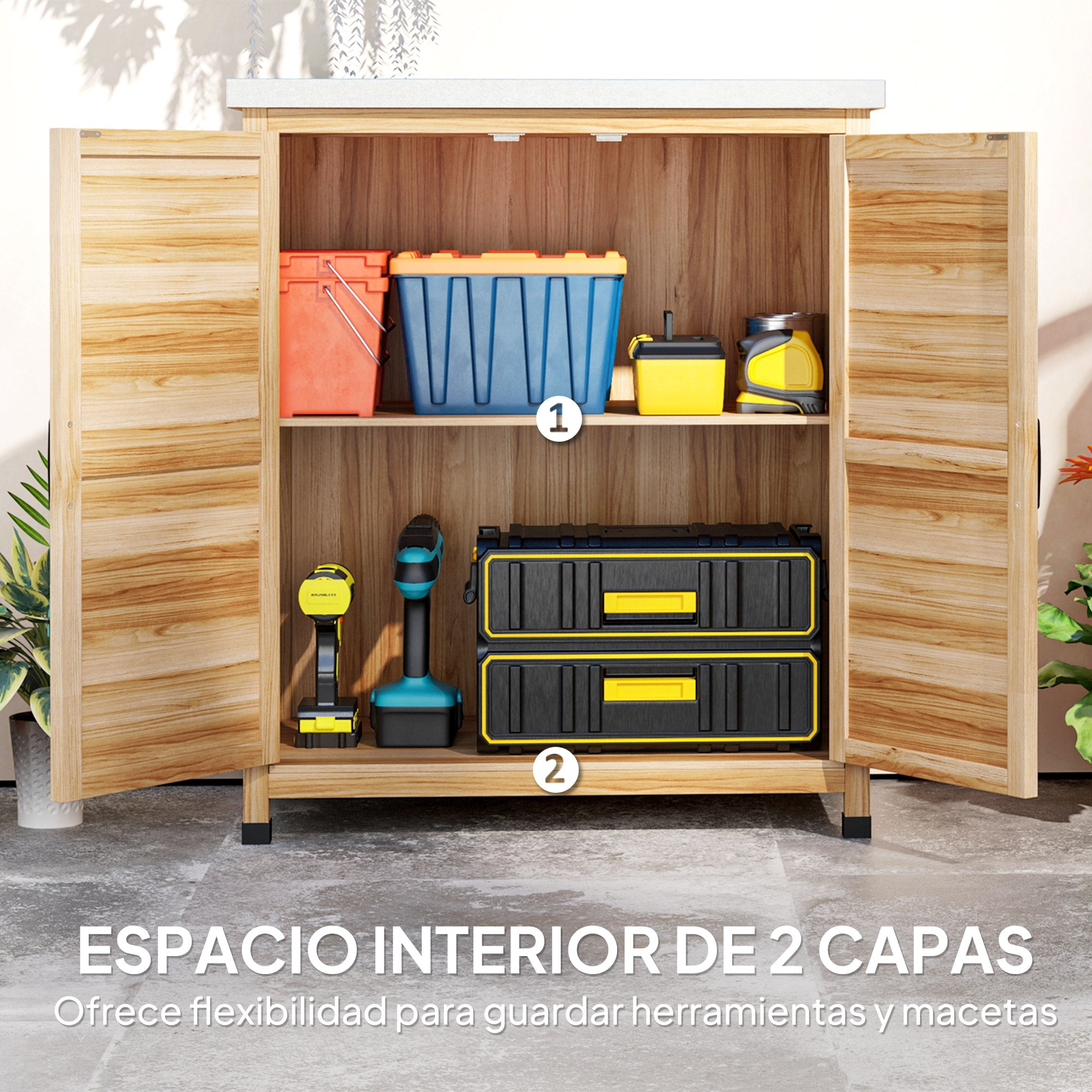 Outsunny Armario de Exterior de Madera, Caseta de Jardín Exterior con Techo de Acero Galvanizado, Estante, 2 Puertas, Cobertizo de Jardín para Almacenamiento de Herramientas, 79x43x92 cm, Natural