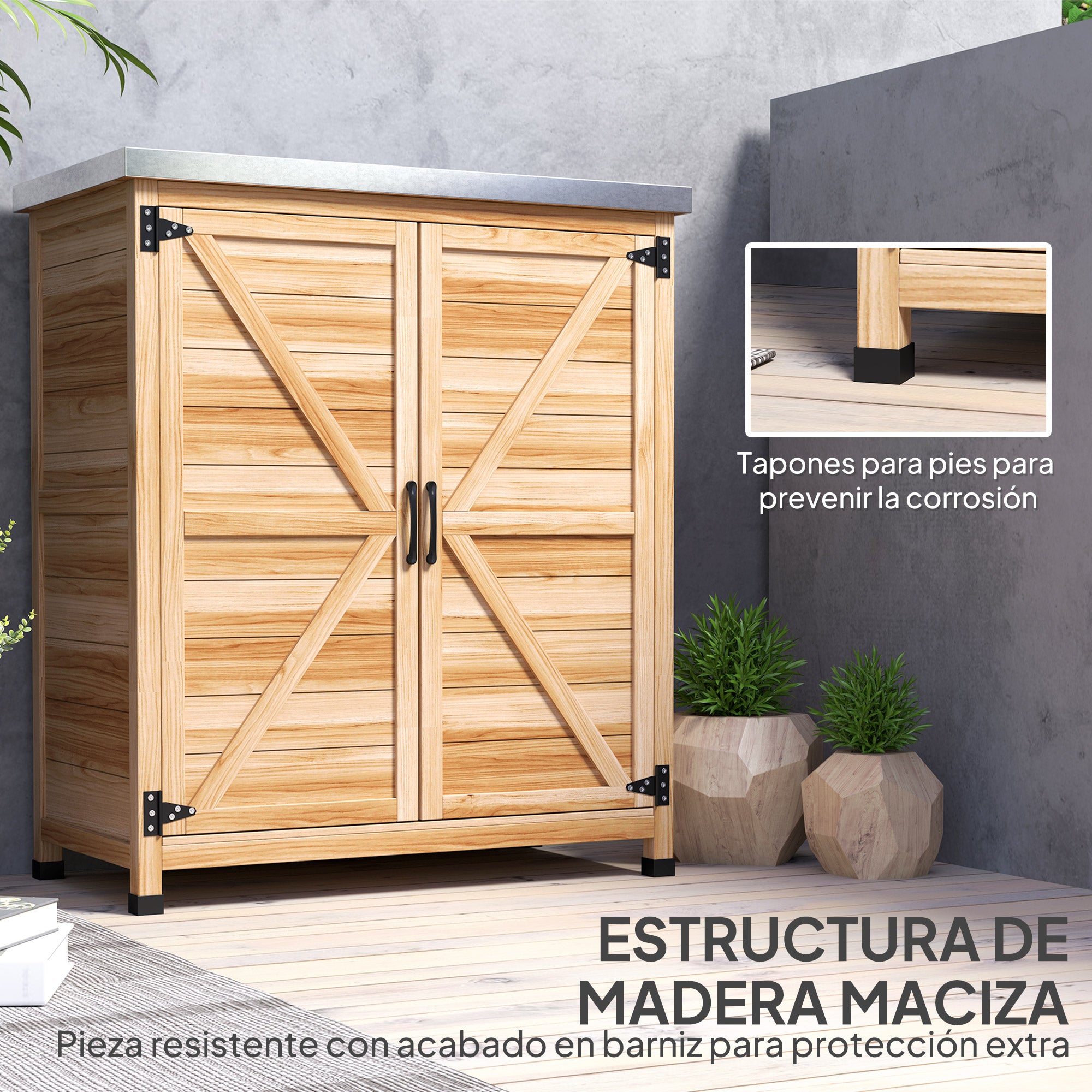 Outsunny Armario de Exterior de Madera, Caseta de Jardín Exterior con Techo de Acero Galvanizado, Estante, 2 Puertas, Cobertizo de Jardín para Almacenamiento de Herramientas, 79x43x92 cm, Natural