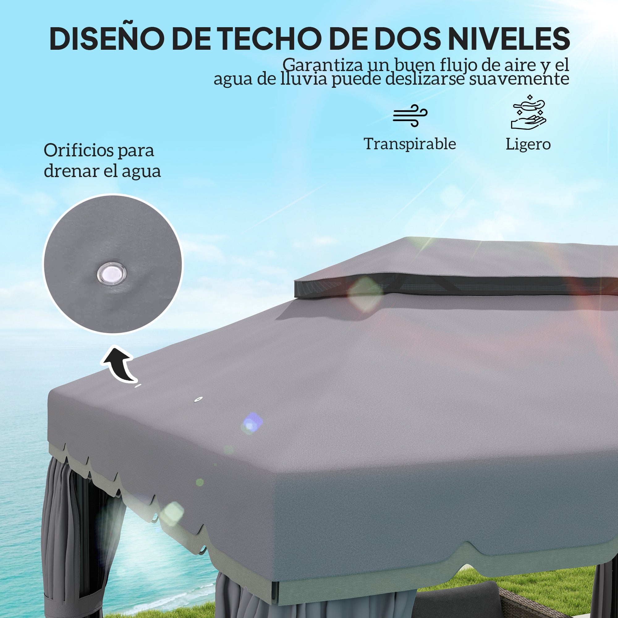 Outsunny Cenador para Jardín de Aluminio 4x3 m Pérgola de Jardín Gazebo con Doble Techo de Ventilación Paredes Laterales Anti-UV Mosquiteras Carpa para Exterior Terraza Patio Gris