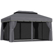 Outsunny Cenador para Jardín de Aluminio 4x3 m Pérgola de Jardín Gazebo con Doble Techo de Ventilación Paredes Laterales Anti-UV Mosquiteras Carpa para Exterior Terraza Patio Gris