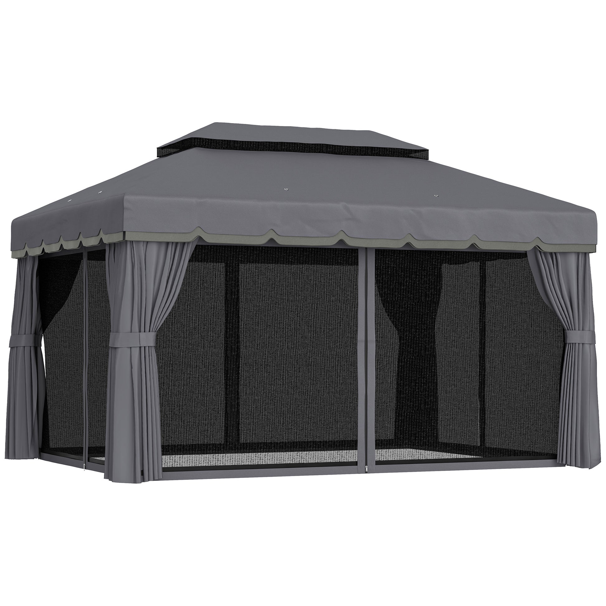 Outsunny Cenador para Jardín de Aluminio 4x3 m Pérgola de Jardín Gazebo con Doble Techo de Ventilación Paredes Laterales Anti-UV Mosquiteras Carpa para Exterior Terraza Patio Gris