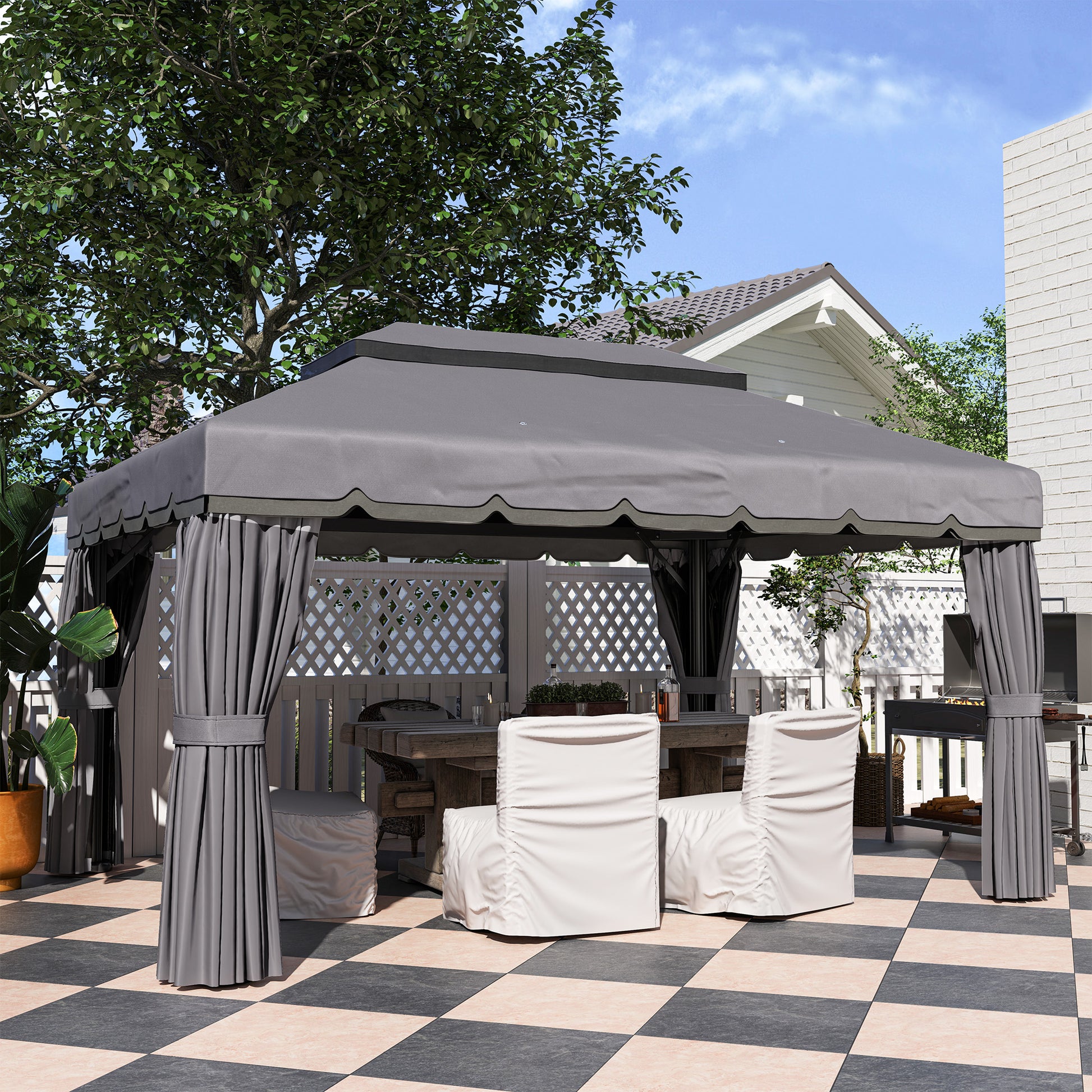 Outsunny Cenador para Jardín de Aluminio 4x3 m Pérgola de Jardín Gazebo con Doble Techo de Ventilación Paredes Laterales Anti-UV Mosquiteras Carpa para Exterior Terraza Patio Gris