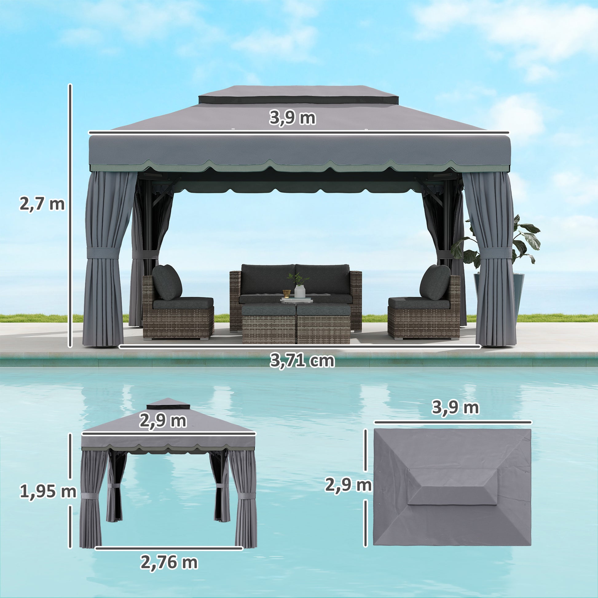 Outsunny Cenador para Jardín de Aluminio 4x3 m Pérgola de Jardín Gazebo con Doble Techo de Ventilación Paredes Laterales Anti-UV Mosquiteras Carpa para Exterior Terraza Patio Gris