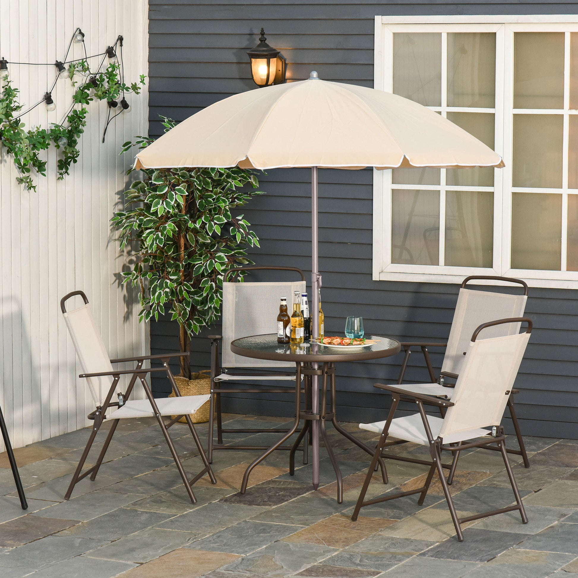 Outsunny Conjunto de Muebles para Jardín con 4 Sillas 1 Mesa y 1 Parasol Texteline Aluminio y Poliéster Beige