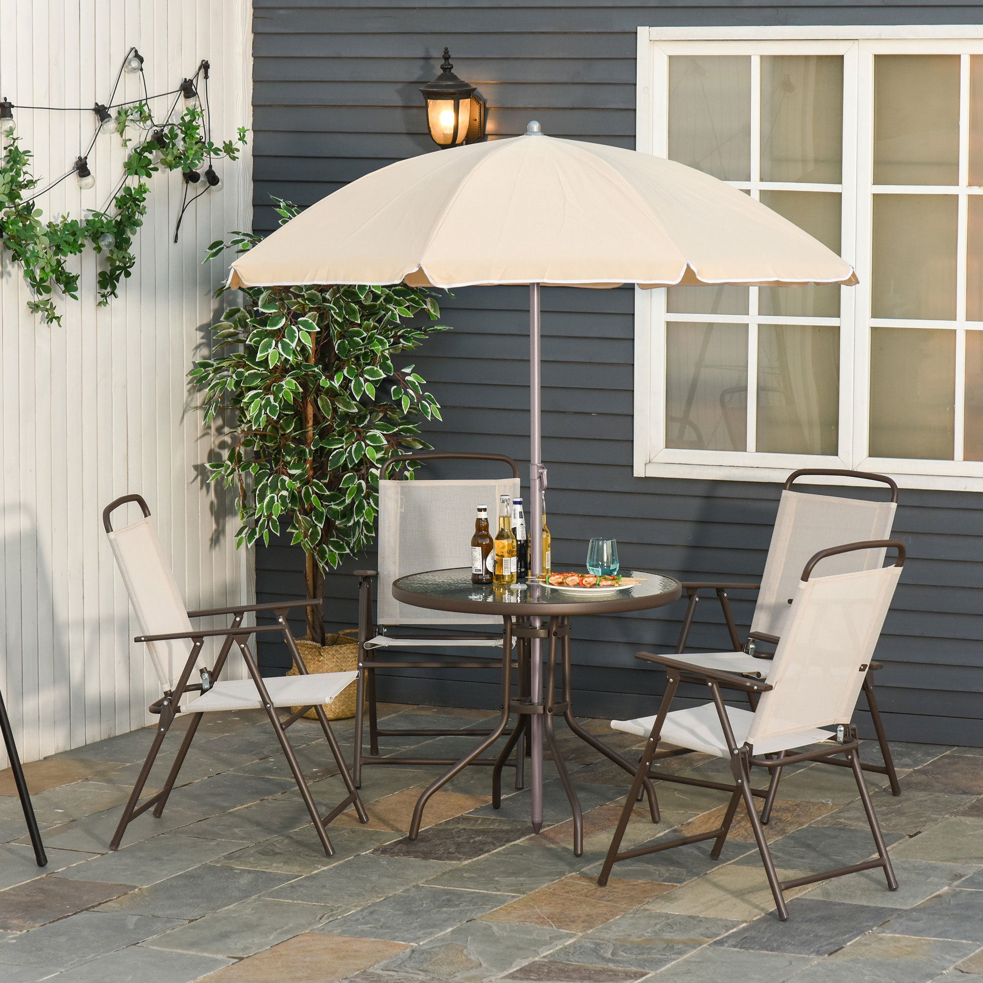 Outsunny Conjunto de Muebles para Jardín con 4 Sillas 1 Mesa y 1 Parasol Texteline Aluminio y Poliéster Beige