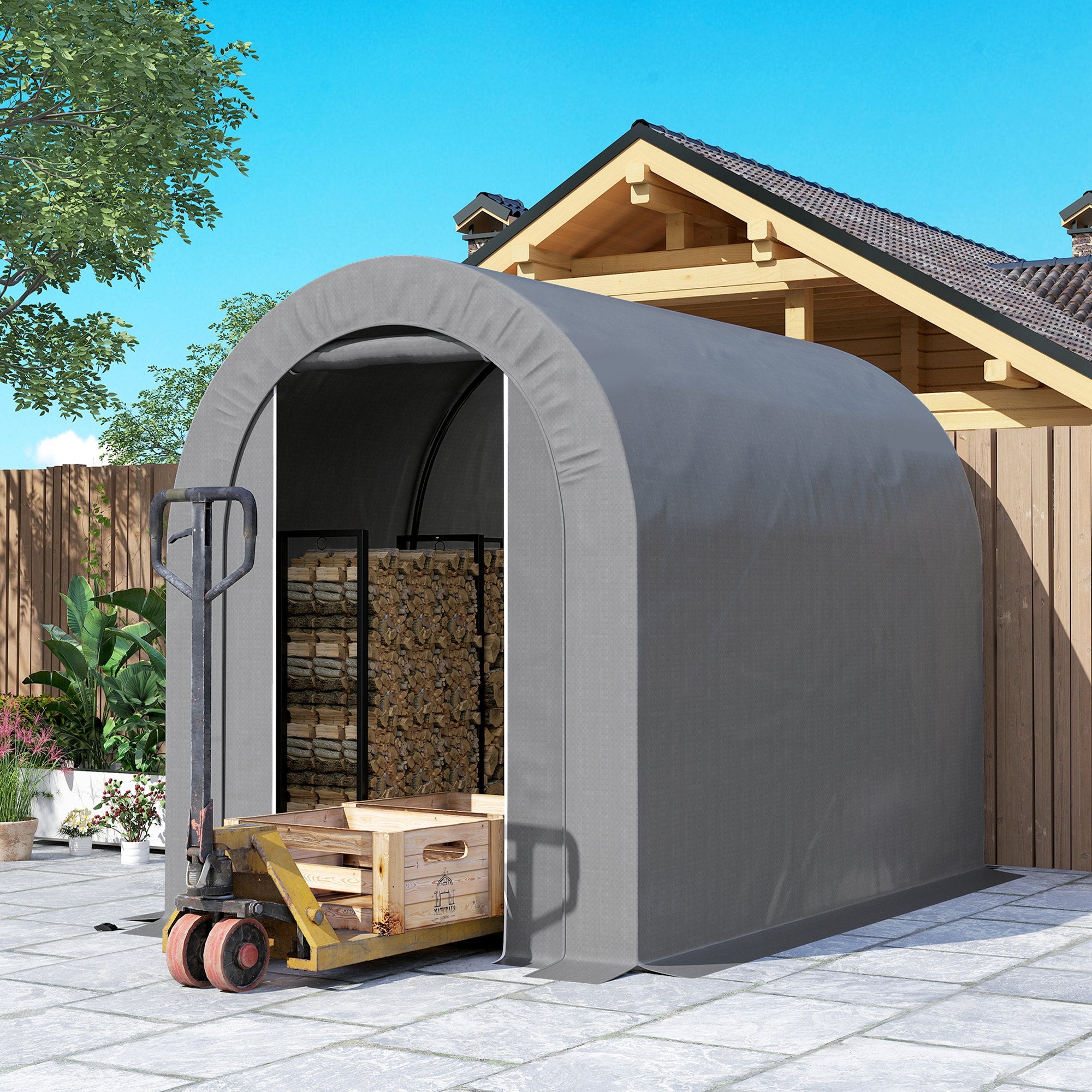 Outsunny Carpa de Jardín Exterior para Herramientas, Bicicletas, 2,4x1,6x1,9 m, Cobertizo Exterior con Marco de Acero, Puerta Enrollable con Cremallera, Impermeable, Garaje Portátil, Gris Claro