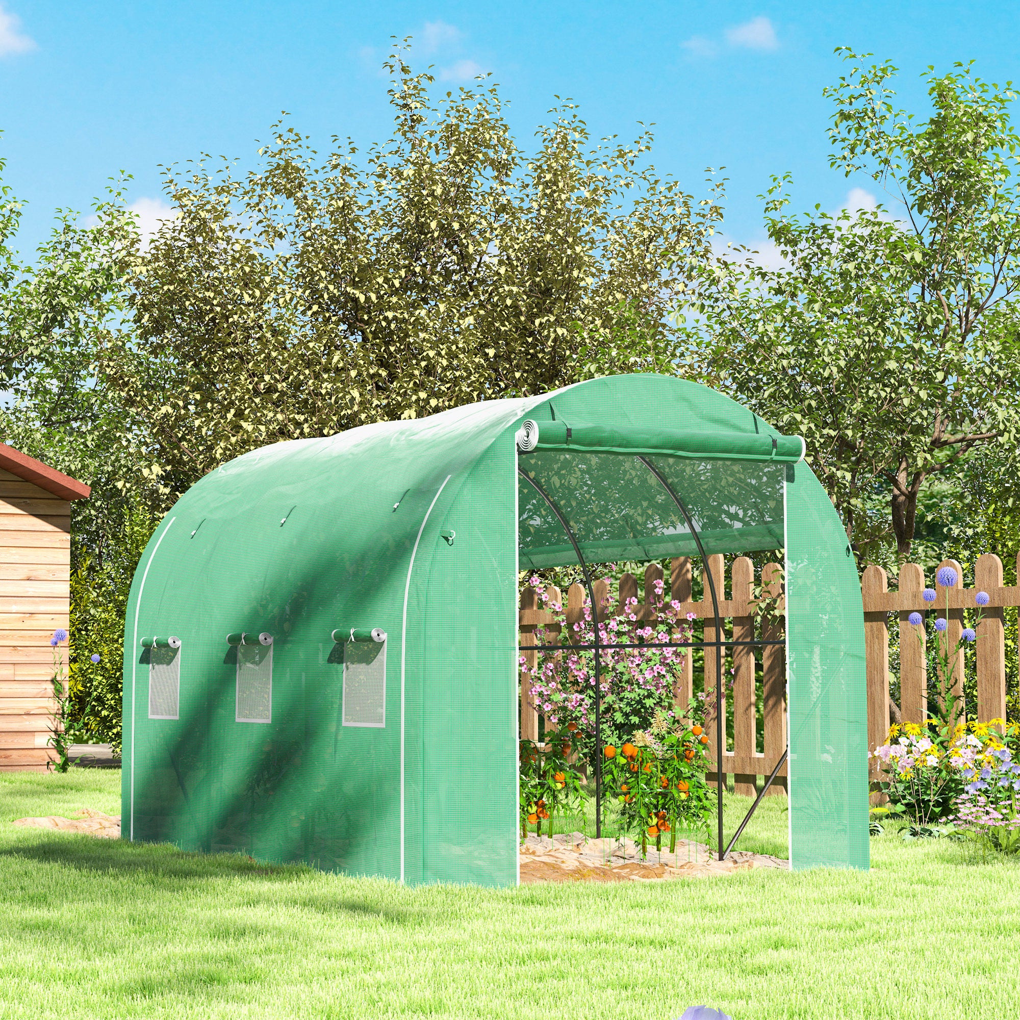 Outsunny Invernadero de Túnel 296x196x200 cm Invernadero de Jardín con 3 Puertas Enrollables 6 Ventanas Cubierta PE 140g/m² Estructura de Acero Galvanizado para Cultivos Plantas Flores Verde