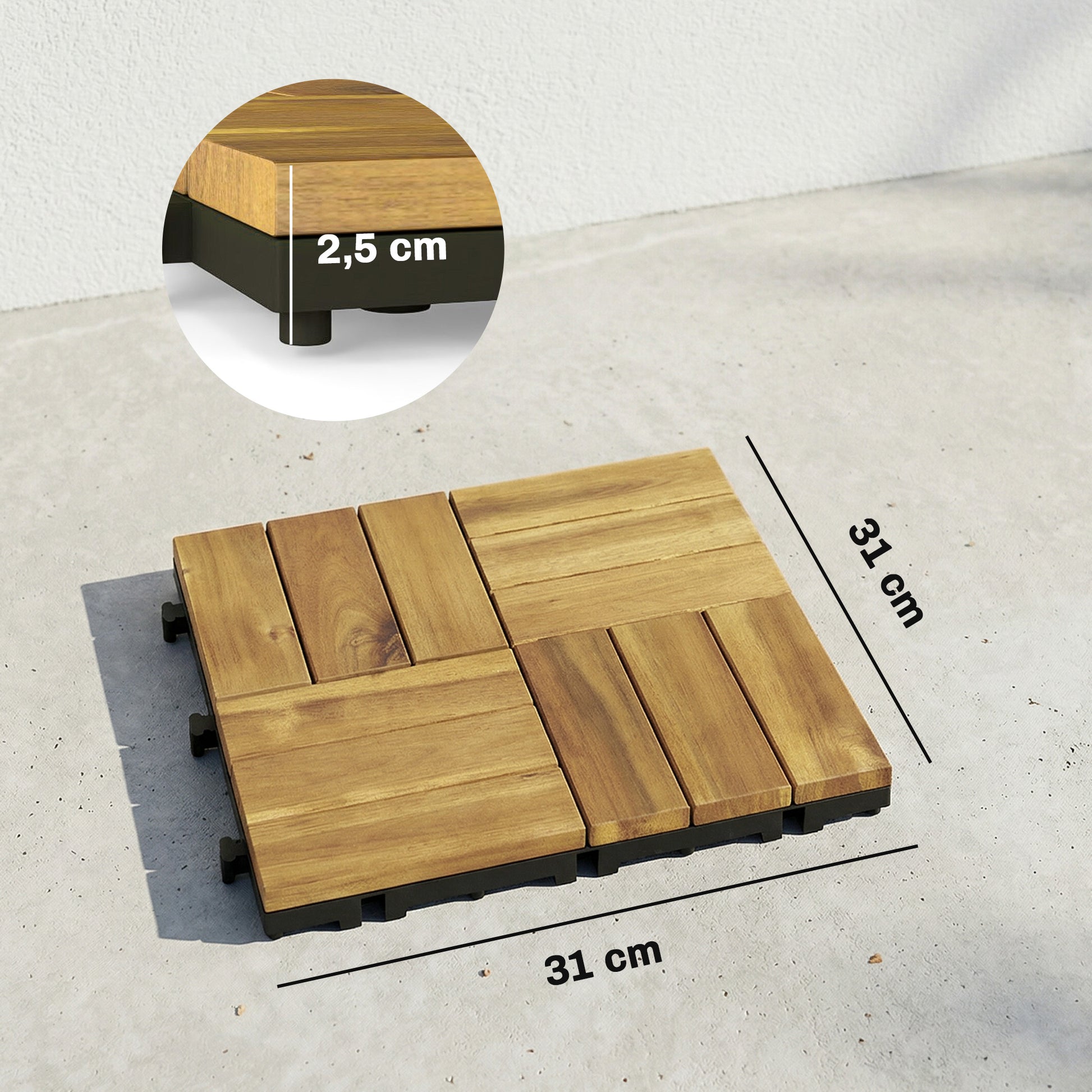 Outsunny Set de 10 Piezas Baldosas de Exterior de Madera de Acacia, 31x31 cm, 0,91 m², Suelo de Terraza Exterior, Antideslizantes y Resistentes al Clima, Fácil Instalación, para Terraza, Natural