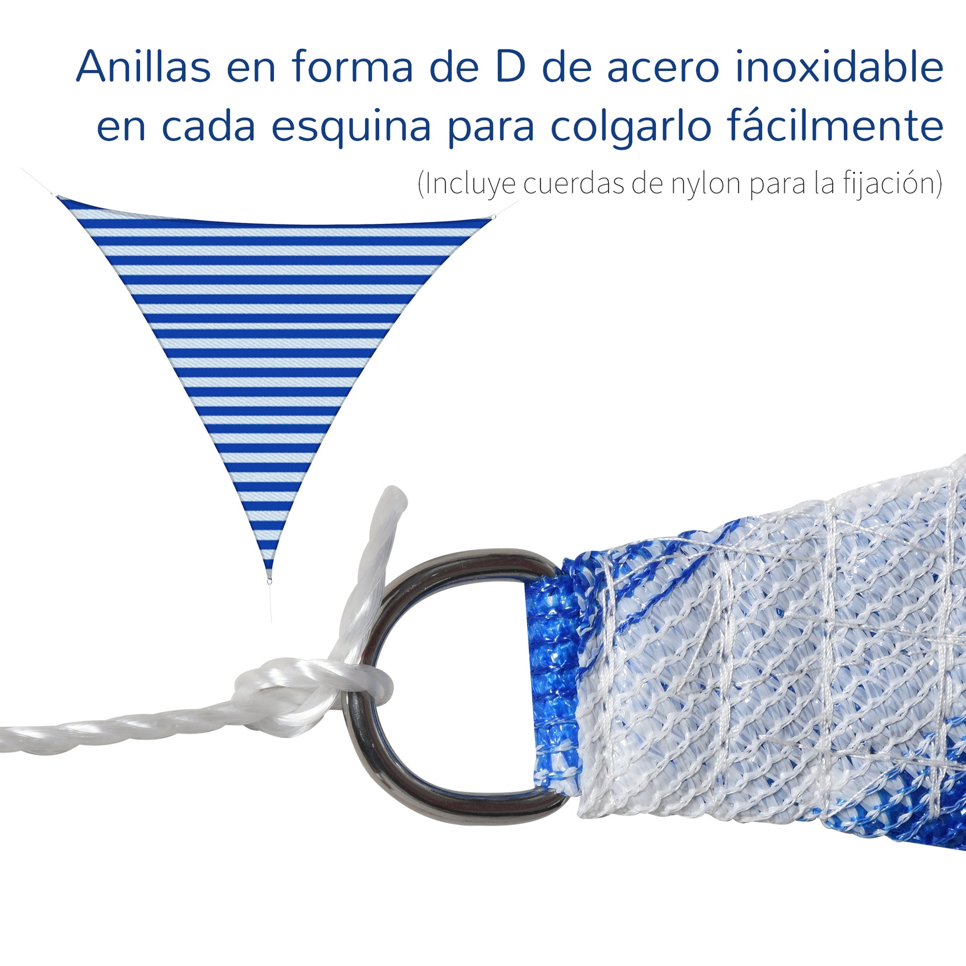 Outsunny Toldo Vela de Sombra Triangular 5x5x5 m HDPE Transpirable de Protección UV con Anillos y Cuerdas para Patio Jardín Piscina Terraza Cochera Azul y Blanco