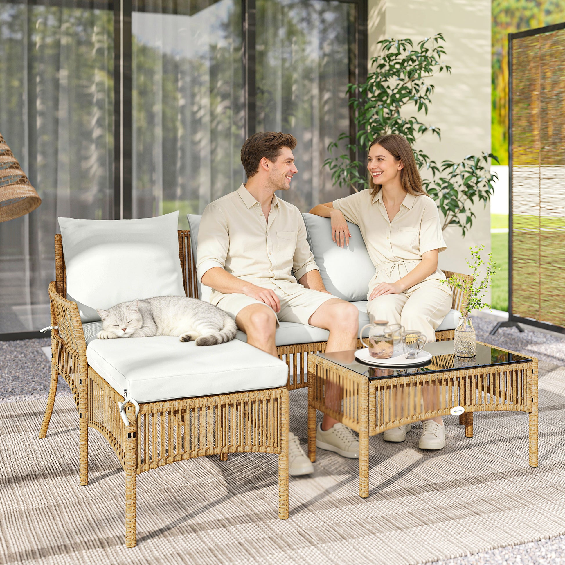 Outsunny Conjunto de Jardín de Ratán de 3 Piezas, Muebles Jardín Exterior Incluye 1 Sofá de 2 Plazas, 1 Sofá Esquinera, 1 Mesa de Centro con Tablero de Vidrio Templado, Cojines, Resistente, Crema