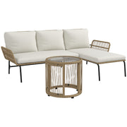 Outsunny Conjunto de Muebles de Jardín Exterior de Ratán Juego de 3 Piezas Muebles de Terraza con Sofá de 2 Plazas Chaise Longue Cojines y Mesa Auxiliar de Tablero de Vidrio para Patio Crema y Natural