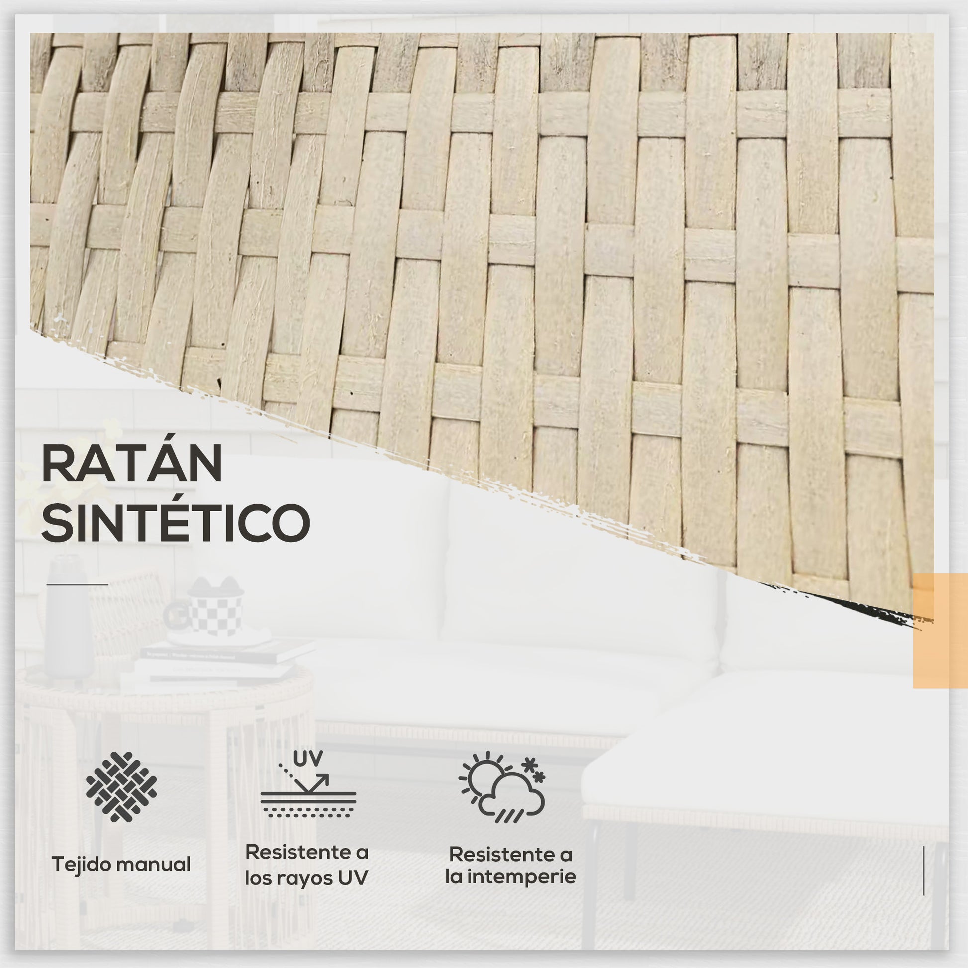 Outsunny Conjunto de Muebles de Jardín Exterior de Ratán Juego de 3 Piezas Muebles de Terraza con Sofá de 2 Plazas Chaise Longue Cojines y Mesa Auxiliar de Tablero de Vidrio para Patio Crema y Natural