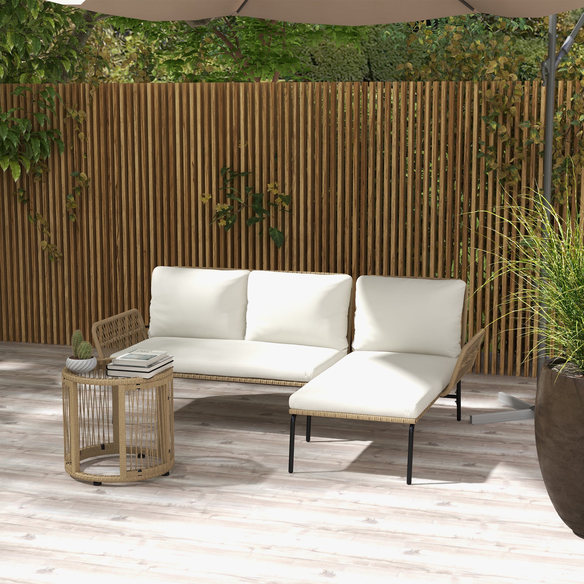 Outsunny Conjunto de Muebles de Jardín Exterior de Ratán Juego de 3 Piezas Muebles de Terraza con Sofá de 2 Plazas Chaise Longue Cojines y Mesa Auxiliar de Tablero de Vidrio para Patio Crema y Natural