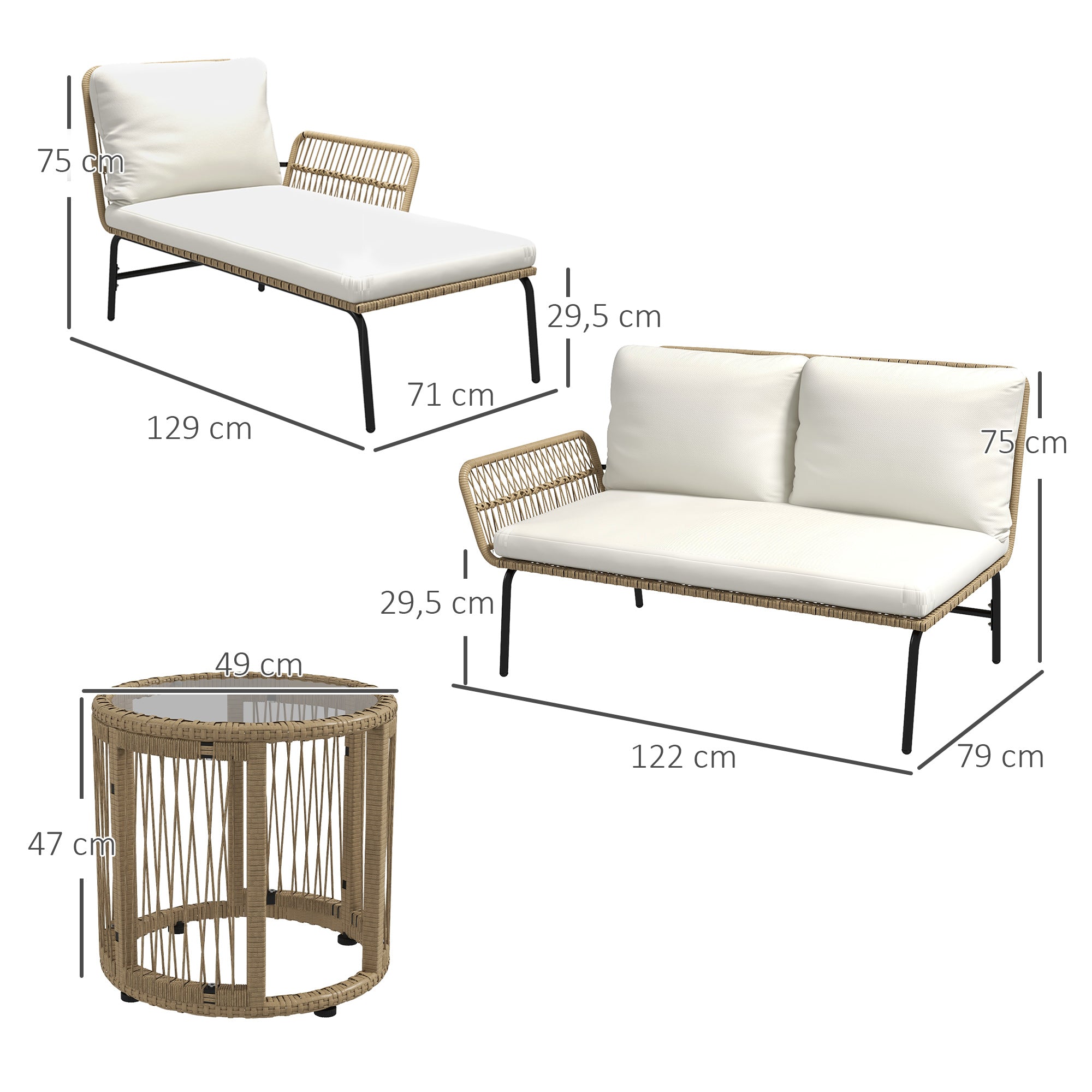 Outsunny Conjunto de Muebles de Jardín Exterior de Ratán Juego de 3 Piezas Muebles de Terraza con Sofá de 2 Plazas Chaise Longue Cojines y Mesa Auxiliar de Tablero de Vidrio para Patio Crema y Natural