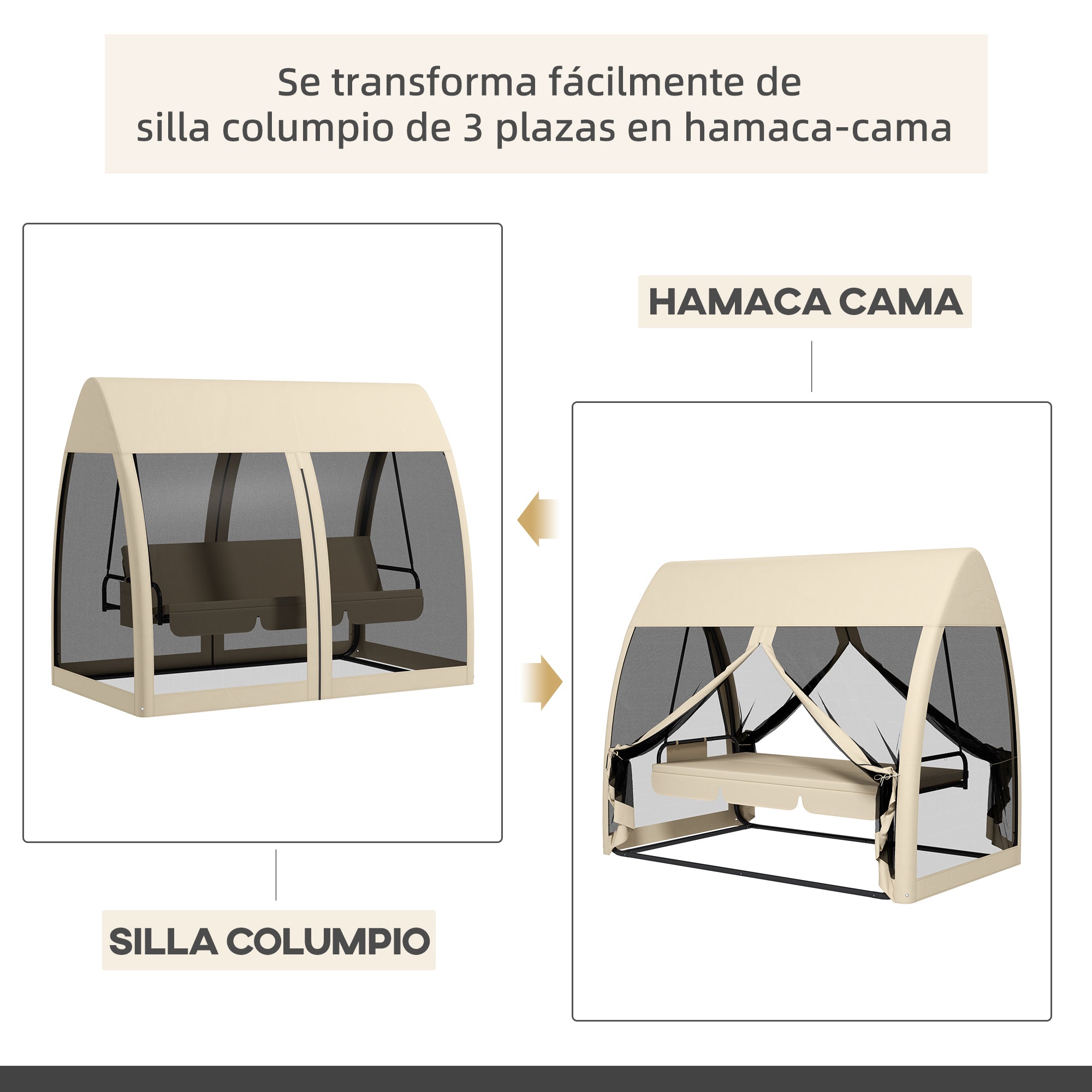 Outsunny Balancín de Jardín de 3 Plazas Convertible en Cama Columpio Jardín Exterior con Mosquitera Estructura de Metal Carga 300 kg 240x140x197 cm Beige