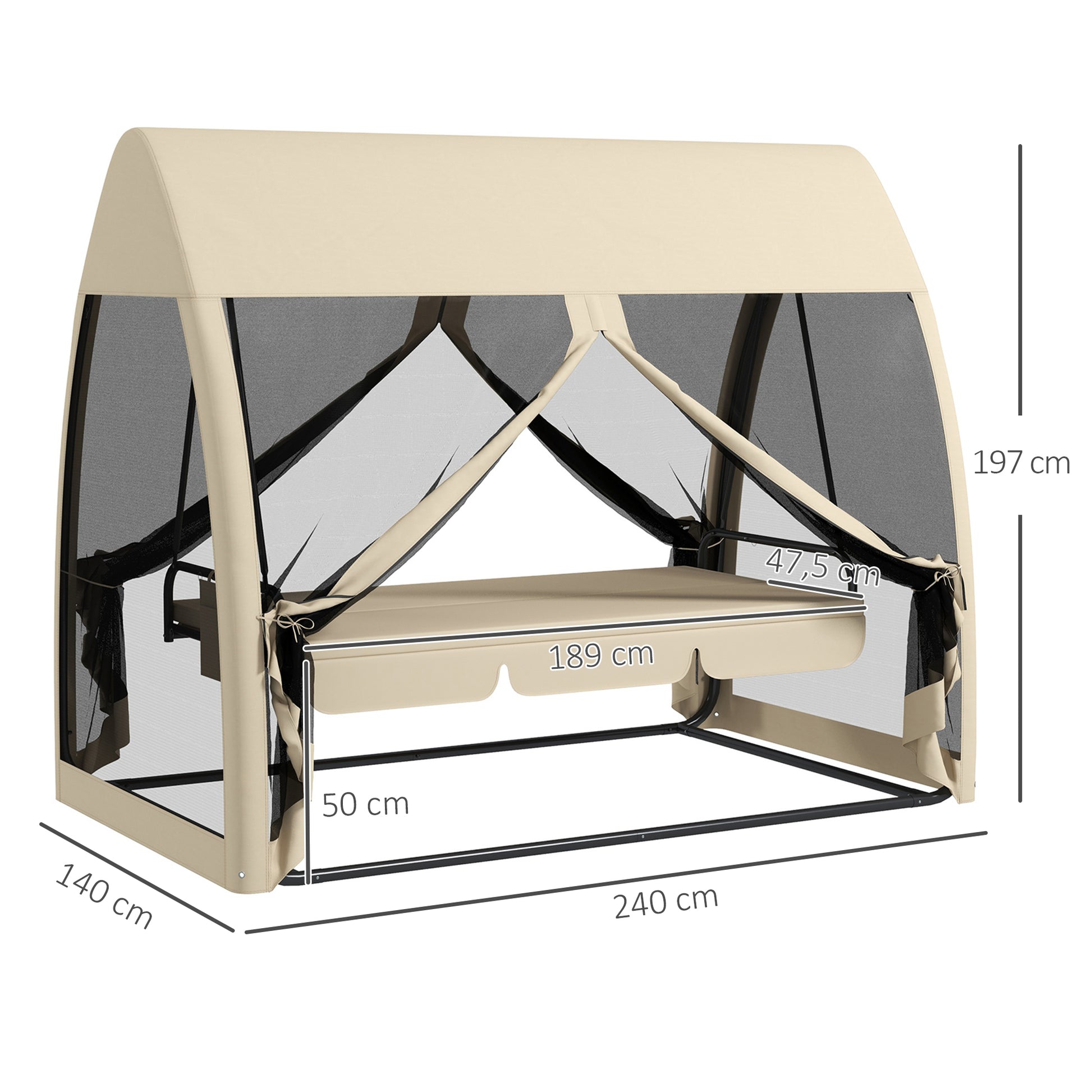 Outsunny Balancín de Jardín de 3 Plazas Convertible en Cama Columpio Jardín Exterior con Mosquitera Estructura de Metal Carga 300 kg 240x140x197 cm Beige