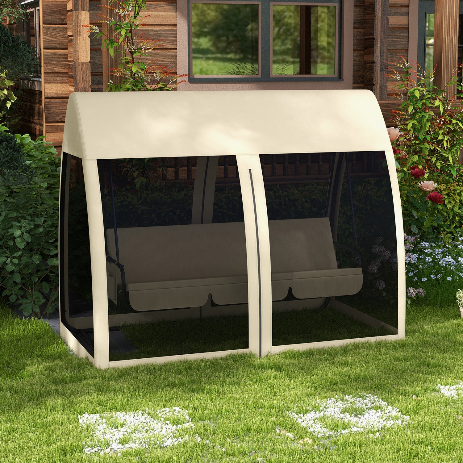 Outsunny Balancín de Jardín de 3 Plazas Convertible en Cama Columpio Jardín Exterior con Mosquitera Estructura de Metal Carga 300 kg 240x140x197 cm Beige