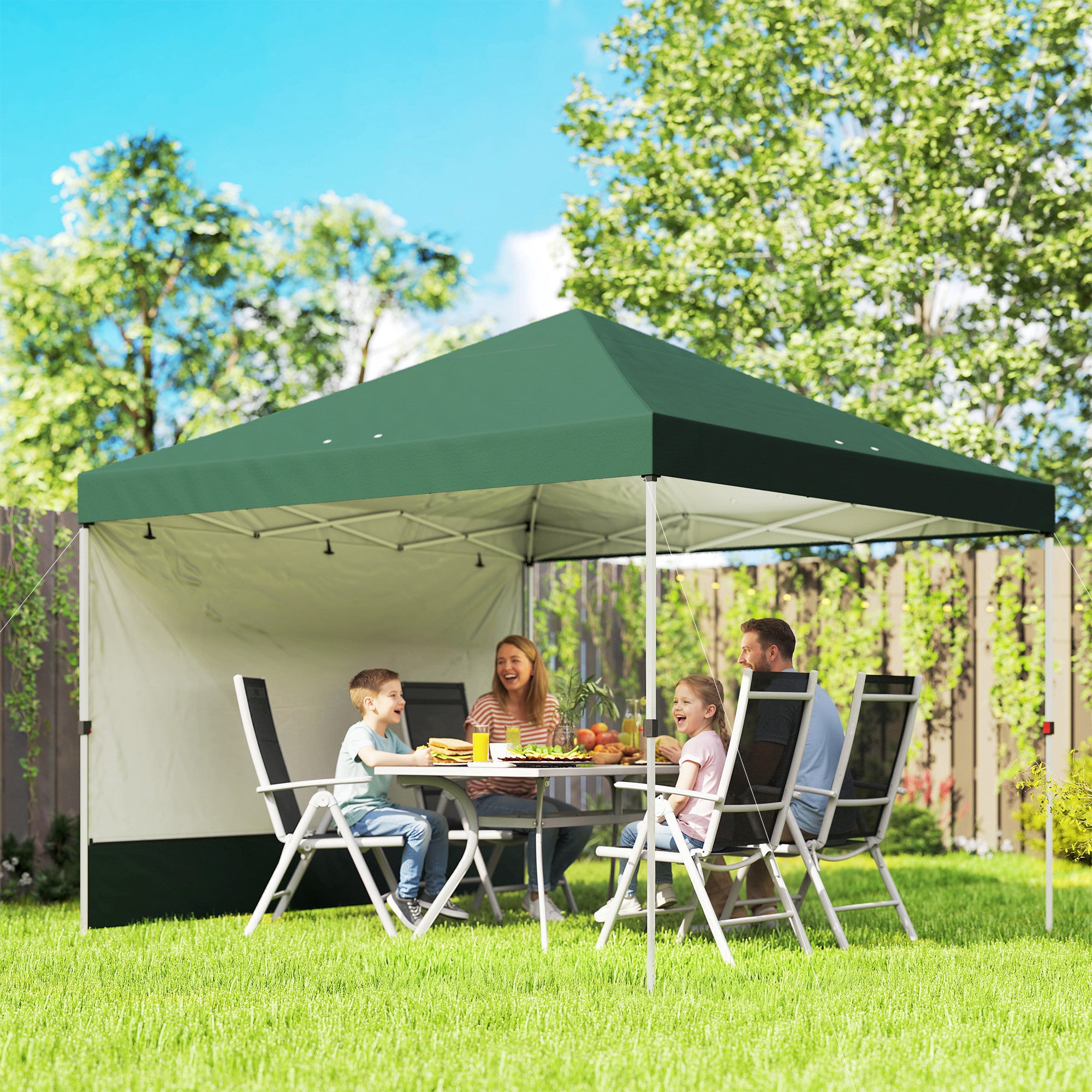 Outsunny Carpa Plegable 3x3 m, Pop-up, con Pared Lateral, Cenador de Jardín con Protección UPF50+, Empuje Central, Altura Ajustable, Bolsa de Transporte, Gazebo para Camping, Exterior, Verde