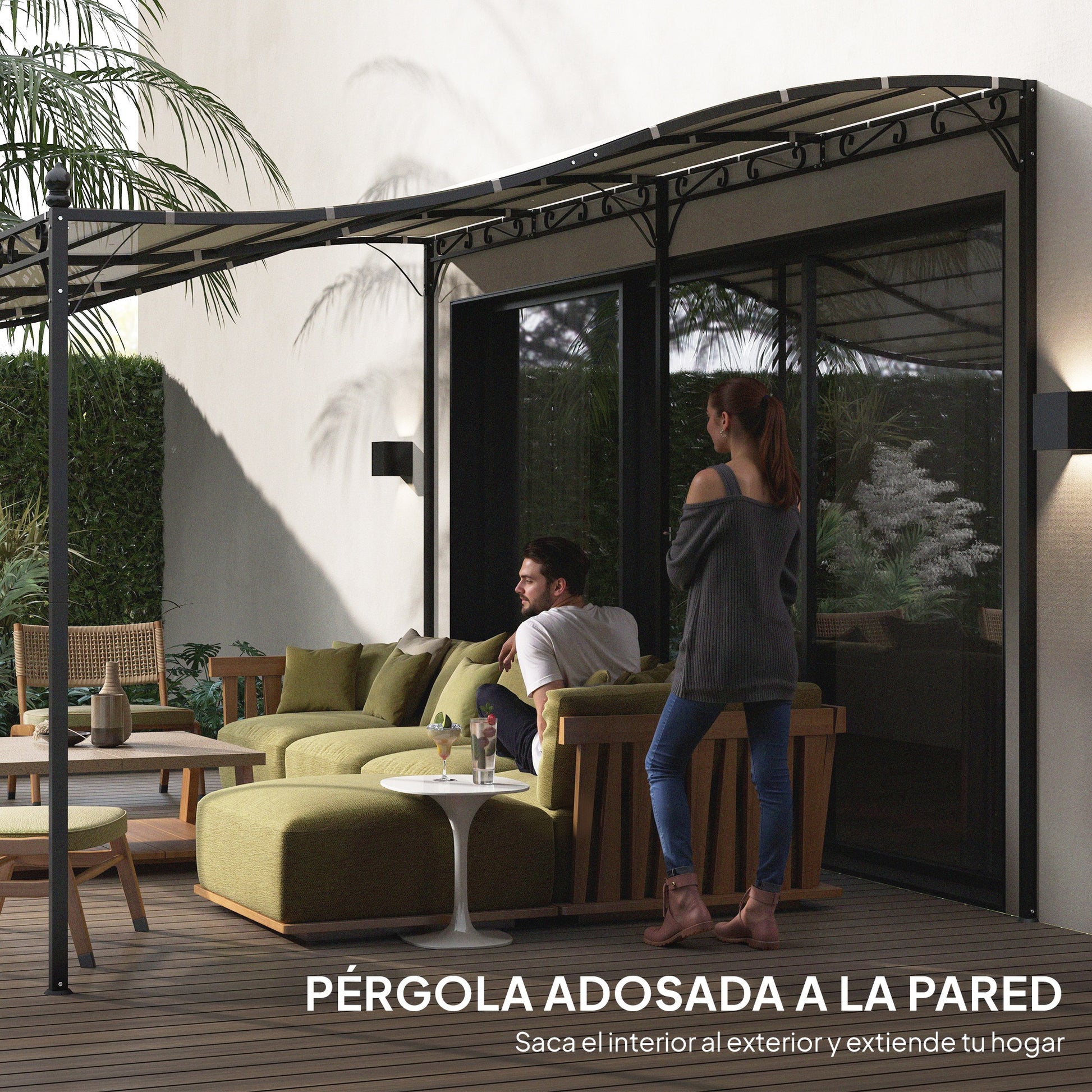 Outsunny Pérgola de Pared de Jardín 3x6 m, Cenador de Jardín con Techo Inclinado, Orificios de Drenaje y Estructura Metálica, Resistente a la Intemperie, para Patio, Terraza, Balcón, Blanco Crema