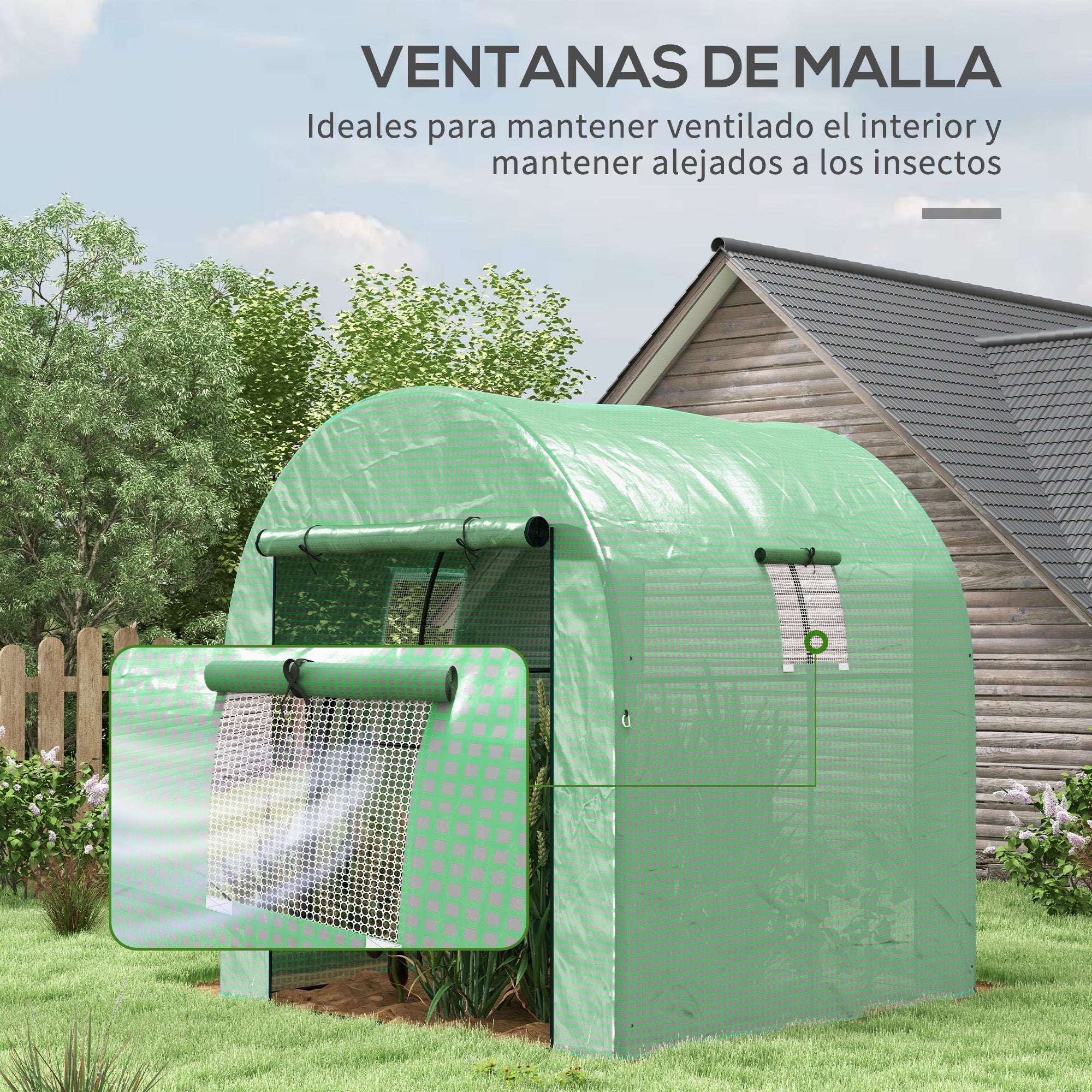 Outsunny Invernadero de Exterior, Invernadero de Túnel con 2 Puertas Enrollables, 2 Ventanas de Malla, Cubierta PE 135g/m², Anti-UV, Marco de Acero, para Cultivos, Plantas, 180x180x200 cm, Verde