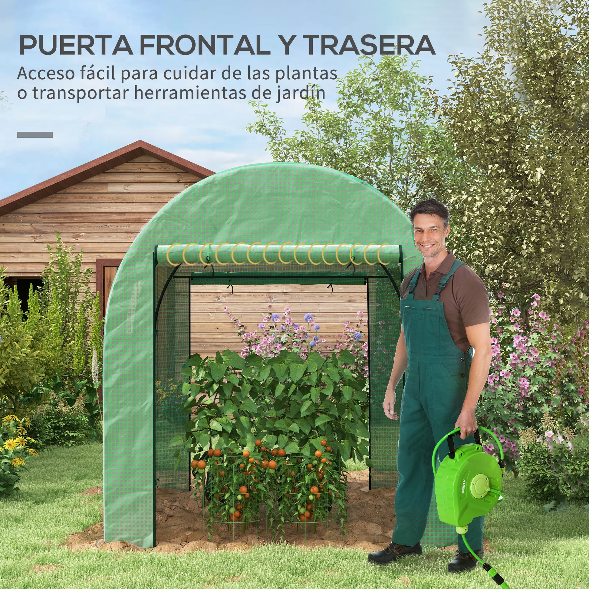 Outsunny Invernadero de Exterior, Invernadero de Túnel con 2 Puertas Enrollables, 2 Ventanas de Malla, Cubierta PE 135g/m², Anti-UV, Marco de Acero, para Cultivos, Plantas, 180x180x200 cm, Verde
