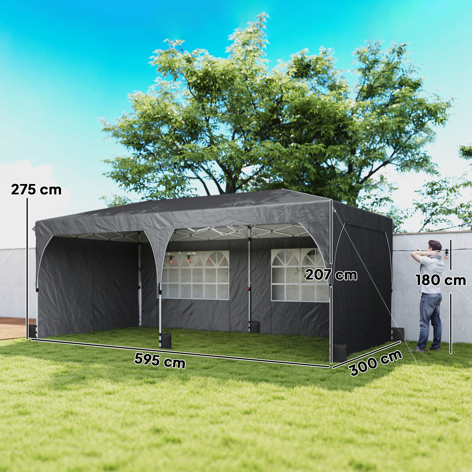 Outsunny Carpa Plegable 6x3 m, Pop-up, con 4 Laterales Extraíbles, Cenador de Jardín con Tiras Reflectantes, Altura Ajustable, Sistema Central de Bloqueo, UPF50+, Impermeable, Bolsa Transporte, Gris