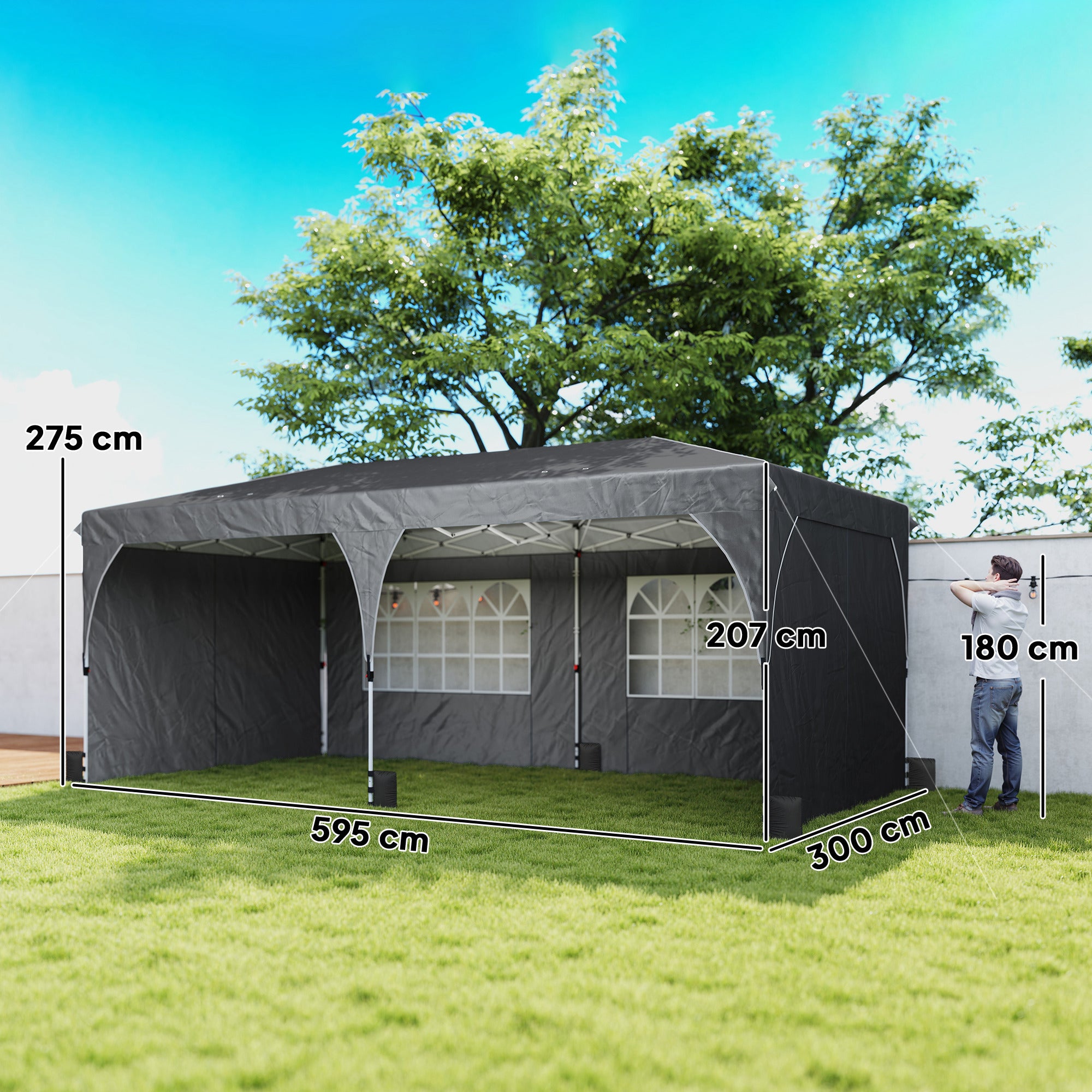 Outsunny Carpa Plegable 6x3 m, Pop-up, con 4 Laterales Extraíbles, Cenador de Jardín con Tiras Reflectantes, Altura Ajustable, Sistema Central de Bloqueo, UPF50+, Impermeable, Bolsa Transporte, Gris