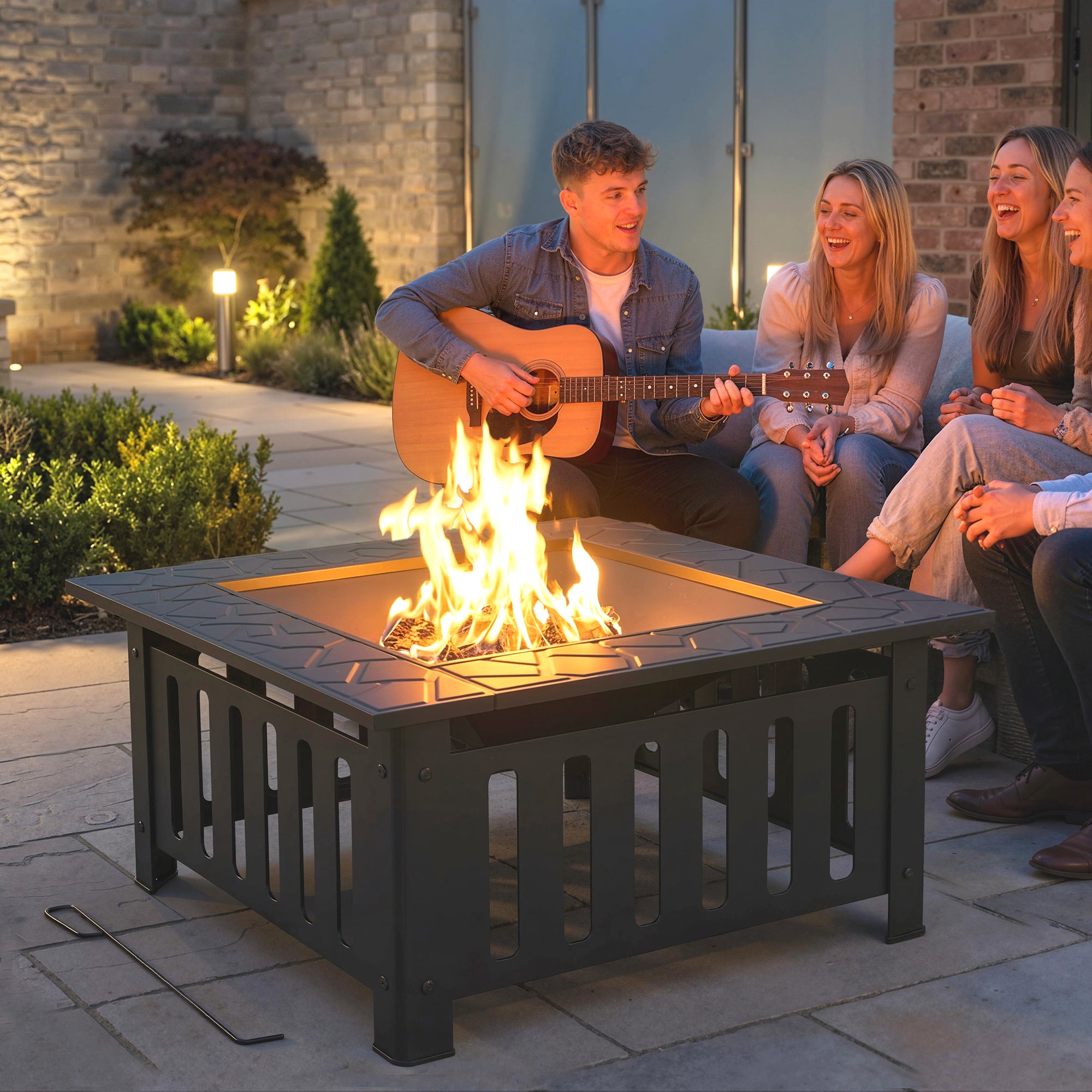 Outsunny Brasero Exterior de Acero Cuadrado, 67x67x47 cm, Brasero Exterior Jardín con Atizador, Tapa de Malla, para Terraza, Camping, Fiesta, Negro
