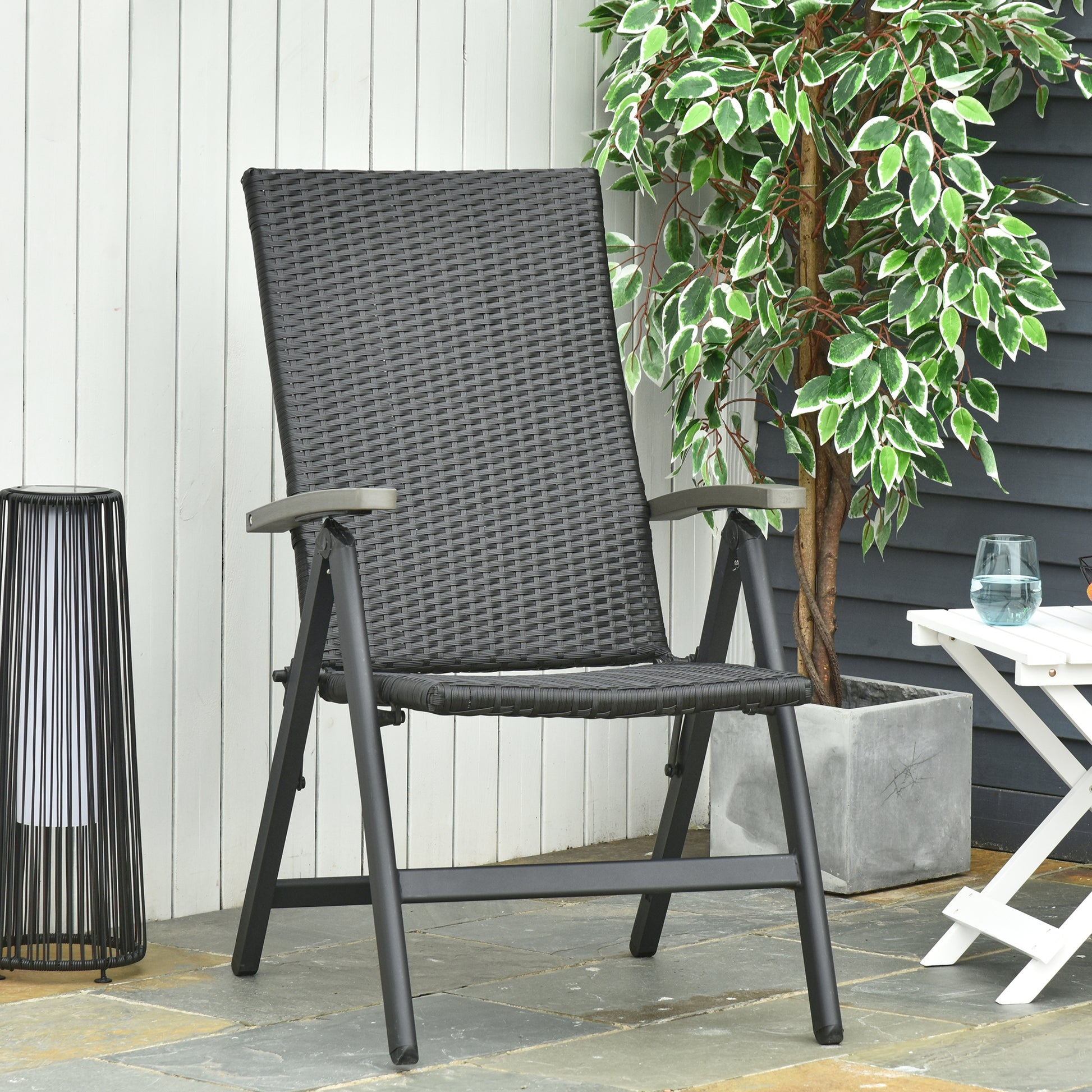 Outsunny Silla Plegable de Ratán con 5 Posiciones Silla Reclinable de Aluminio para Jardín Balcón Terraza Exterior Carga 160 kg 59x68x107 cm Negro