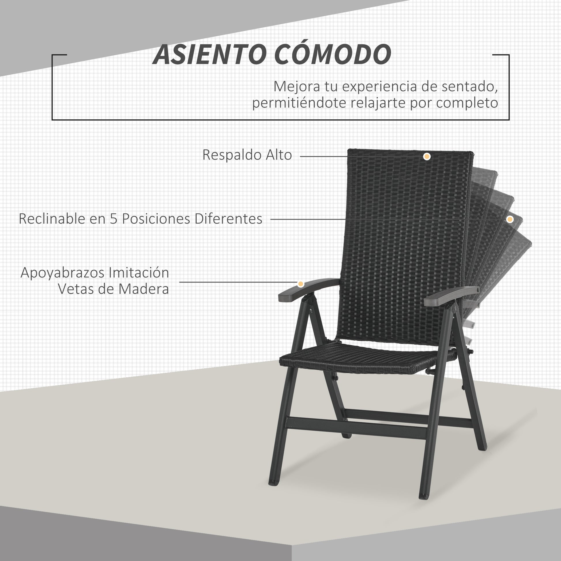 Outsunny Silla Plegable de Ratán con 5 Posiciones Silla Reclinable de Aluminio para Jardín Balcón Terraza Exterior Carga 160 kg 59x68x107 cm Negro