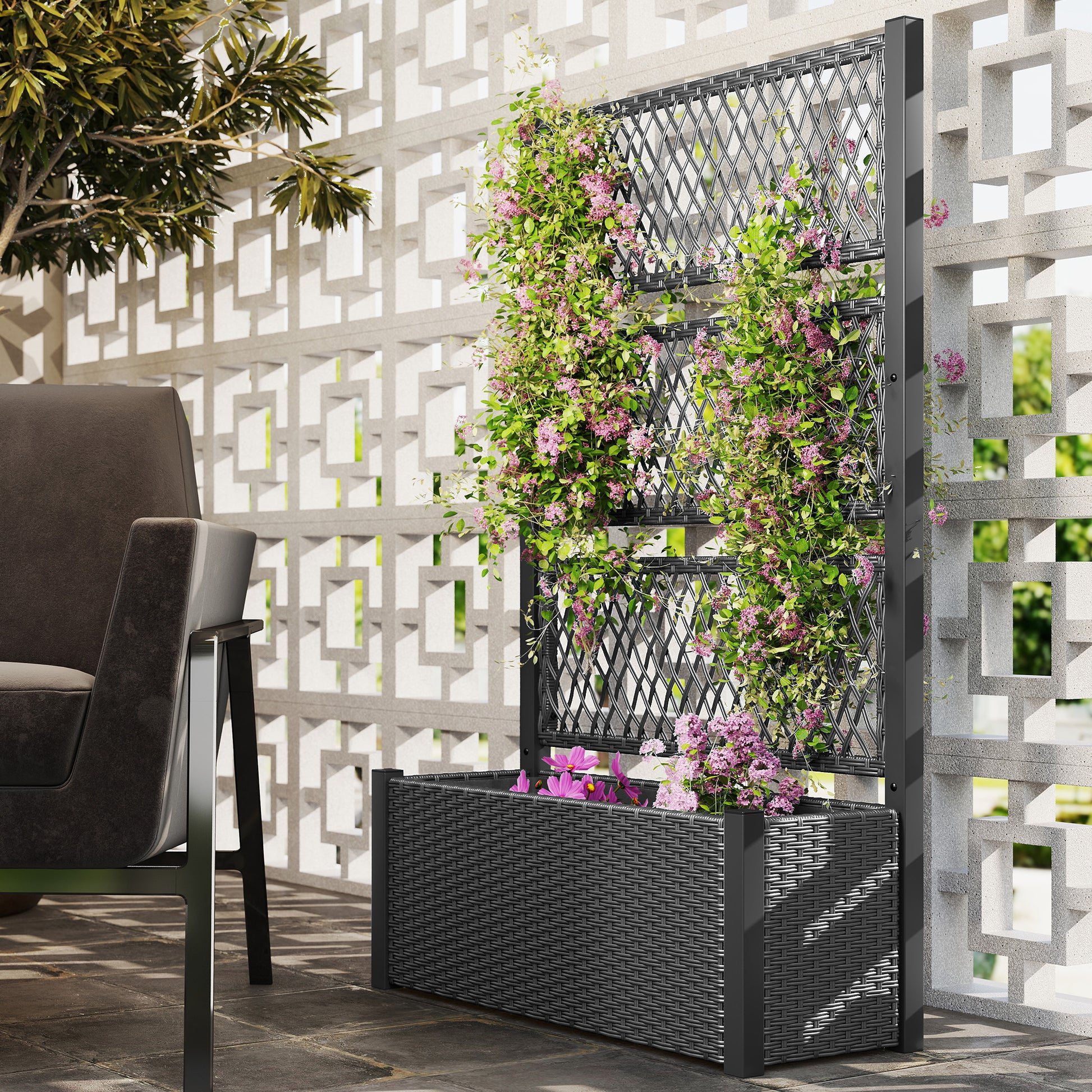 Outsunny Jardinera con Enrejado de Ratán, Jardinera Exterior Grande para Plantas Trepadoras, Maceta con Forro, para Jardín, Patio, Terraza, 90x35x148 cm, Gris Oscuro